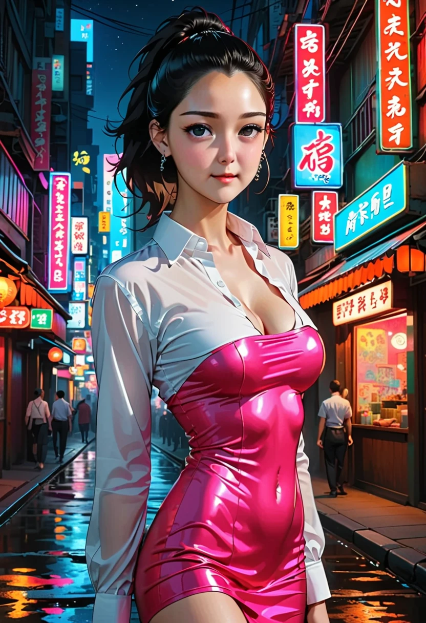((16K)),((masterpiece:1.3)), ((Highest quality)), ((Ultra-high resolution)), (Very detailed), ( ultra-realistic, Photorealistic:1.4), Perfect lighting,((Side light)), Surrealism,No makeup, Film Grain, chromatic aberration, Sharp focus, Face Light,((Beautiful detailsまでこだわった髪)),((Beautiful eyelashes)), Beautifully detailed face, ((Beautiful Hair)),Beautiful details, Beautiful clavicle, Beautiful body, Thin legs,Beautiful breasts, Beautiful legs, ((Detailed and carefully drawn hand)), ((Cleavage)),Pointed Chest, Perfect Anatomy, Supermodel with a long neck,((Skinny1.3)),23 years old,Looking into the camera,(Perfect Anatomy,Anatomically correct, Very detailed肌), Glowing Skin,((pale skin)),((beautiful girl:1.1)),(( large breasts:1.4)),Dainty facial structure,((Crazy smile:1.4)),((Command nezuko:1.5)), ((demon slayer)), ((pink yukata, black jacket)),((yukata)), ((light effect:1.2)),((fire effect:1.4)),((pink fall leaf effect:1.4)),((Jumping:1.5)),((from below:1.6)),background((Background of a colorful cyberpunk Tokyo street at night. The scene features futuristic skyscrapers illuminated by neon lights and holographic advertisements. Flying vehicles zip through the sky, while people in cyberpunk fashion walk the streets below, The walls of the buildings are adorned with giant digital screens displaying vibrant ads and animations. The ground is embedded with colorful LED lights, creating an ethereal and otherworldly atmosphere throughout the city)),((wide shot:1.5)),((night)),