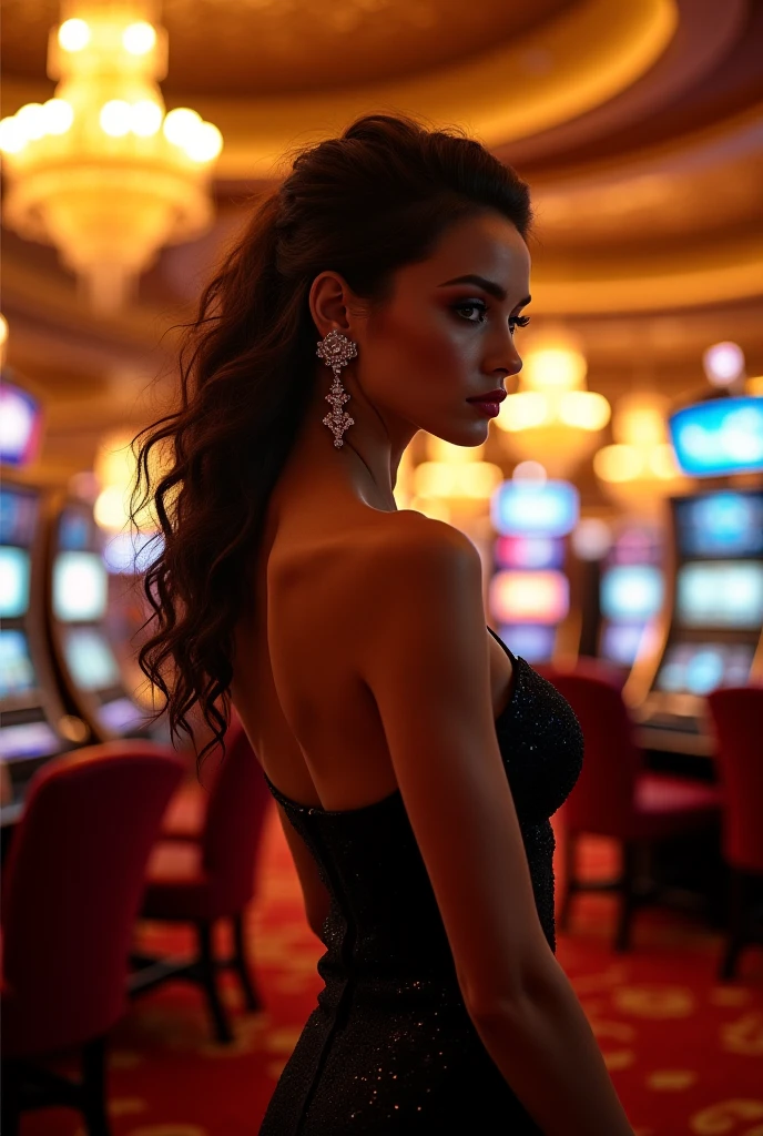 1girl, solo, photorealistic, realistic, long hair, ((ugly:1.5)), middle age, 35-year-old woman, wrinkles on her face and body, (((Caucasian woman))), straight nose, dark brown hair, diamond face shape face, white skin, thin lips, monolid eyes, (medium shot, half body), (realistic:1.3), (best quality,4k,8k,highres,masterpiece:1.2),ultra-detailed,(realistic,photorealistic,photo-realistic:1.37), retro,glamorous, ,casino chips, ,vibrant and contrasting colors, bright neon lights,stunning art deco architecture, sparkling diamonds, mysterious and seductive atmosphere, playful and confident expression, alluring gaze, classic black dress, feathers boa,reflection in a mirror, roulette table,cocktail waitress serving drinks, ,dreamy and lavish surroundings ,rich and elegant interior, heavy velvet curtains, exquisite crystal chandeliers, excitement and anticipation in the air, authentic vintage casino ambiance, rhythmic jazz music, genuine vintage slot machines,exclusive VIP area, extravagant gold accents, red velvet ropes,smoke-filled room, enticing and glamorous entertainment, distinctive retro fashion, wide-brimmed hat with a feather,h igh heels, casino floor filled with activity and energy, captivating and nostalgic atmosphere.
