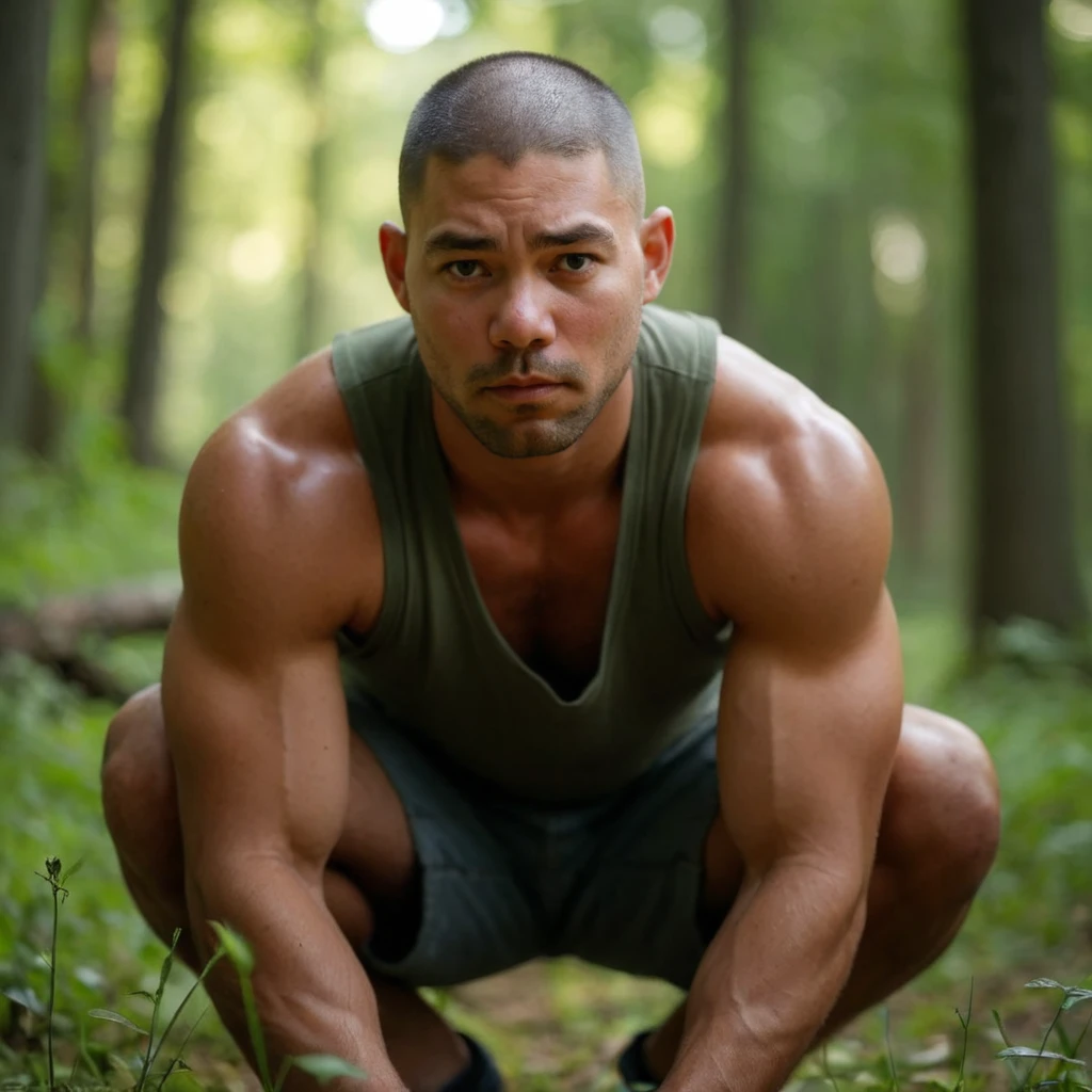 naughty man, offwhite, without hair, baldie, brooding, meditation, sitting cross-legged, in an external area, trees in the background, defocused