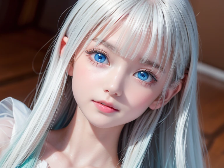 (((White Background:1.3)))、(((1 albino girl、Cute face、pretty girl))), 16 years old,(((Gray eyes:1.3)))、White Dress、((White shirt:1.3、White Block Dress)), Tyndall effect, Realistic, Shadow Studio,ultramarine、illumination, Dual tone illumination, (Skin with attention to detail: 1.2)、薄Dark illumination、Dark illumination、 photograph, High resolution, 4K, 8K, Background Blur,Beautiful fade out、White world、White Background
