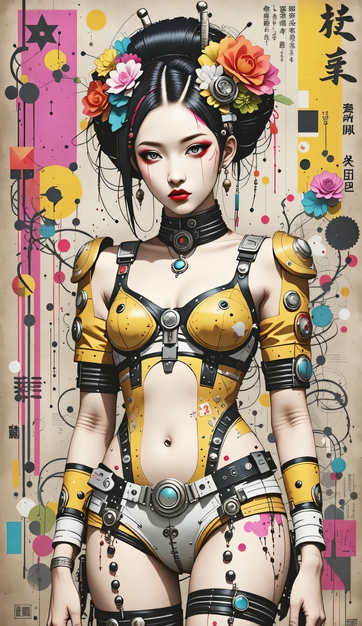 Girl in black and yellow techwear, Circular neon background,whole body, (masterpiece), (High resolution), (Very delicate), scribble, nightmare, Doll-like face, Manga style, rough sketch, Horror elements, Comic style illustration, Japanese painting, (Spooky), Japan sculpture, crazy illustration, antique, Dark atmosphere, Flat Illustration,Spookyな外観, Distinctive messy hairstyle, creative accessories, Unique atmosphere
