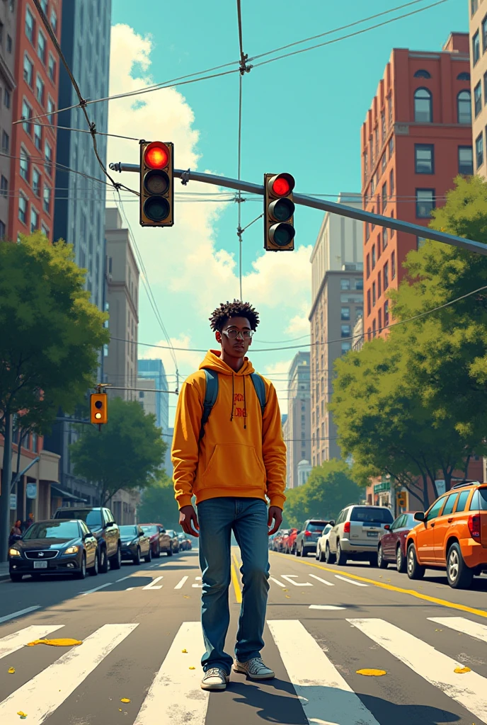 A sub-saharan girl teenager with her natural hair plaited in twists and tied in a messy bun. She is dressed in a black hoodie, black jeans and black Snickers. Her hands are in her pockets. She's standing by the roadside looking up at a tall building tainted by the rays of a setting sun in the background. The image should look somber but hopeful.