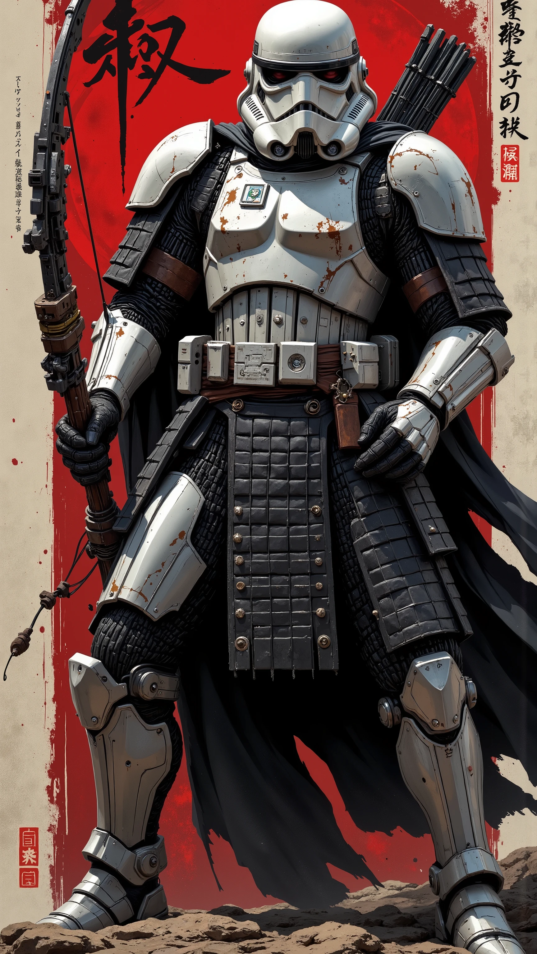 Star Wars, samurai stormtrooper, armored warrior, cable-backed bow, Archery, metallic armor, Japanese calligraphy background, action pose, silver and black color scheme, detailed costume, high contrast, dramatic shadows