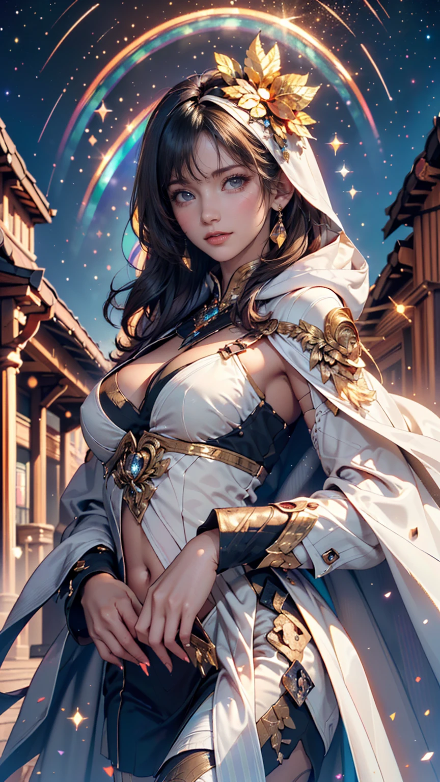 desert,Rocky Plateau and desert, Shrubland,night、2 woman、Attractive Young Woman, (Beautiful Face:1.1), Detailed eyes, Seductive lips, (eye make up:1.2), (Medium chest:1.0), (Toned body:1.2), Cloak with hood
