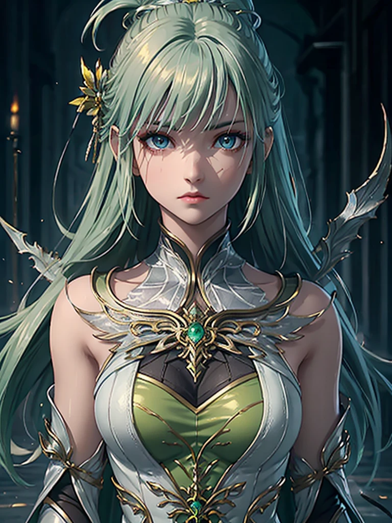 Beautiful Hot, Sexy, cat girl with decently long flowy silver hair, with bright emerald green eyes, decently sized breasts in the final fantasy art style.