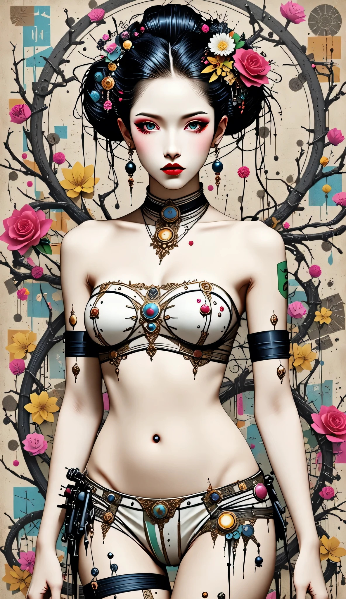 collage painting, ***ite young robot geisha, micro bikini, flat chest, big eyes, ulzzang, wires, buttons, circuits, vines, twigs, nature, science, dramatic, sexy, romanticism, cyberpunk, neo-classical, experimentalism, baroque, impressionism, expressionism, unexplained beauty, avant garde, art deco, art nouveau, vivid neon colors, takashi murukami, andrew wyeth, ((pink, yellow, and orange neon color palette)), cubism, geometry, architecture, video game console, insane detail, 16k, video filter, 3D, cell animation, light ray tracing, reverberation, illumination, (best quality,4k,8k,highres,masterpiece:1.2),ultra-detailed,(realistic,photorealistic,photo-realistic:1.37),HDR,UHD,studio lighting,ultra-fine painting,sharp focus,physically-based rendering,extreme detail description,professional,vivid colors,bokeh,