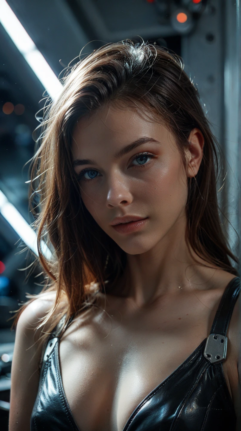 (((ultra realistic))) Photo, masterpiece, top quality, (pale skin), (Ultra detailed face and eyes:1.3), 1 girl, Adult, In Lifchik, ((Eye makeup, pink mascara)), ((large detailed lips)), ((pink wavy hair)), ((Stylish hairstyle)) , (Natural breasts), Slim waist. ((Posing, Hand on face)), photoshoot, Studio soft lighting, (The play of light and shadows), depth of field, bokeh, (special attention to skin detail: 1.2), Detailed leather texture, skin pores. (Warm atmosphere of the frame. color scheme - black, Yellow, Tons), ((Grunge style)) , UDR, ((Film grain)), ((rays)), (Glare), ((waist up portrait, close to the camera)) , ultra detialed, 