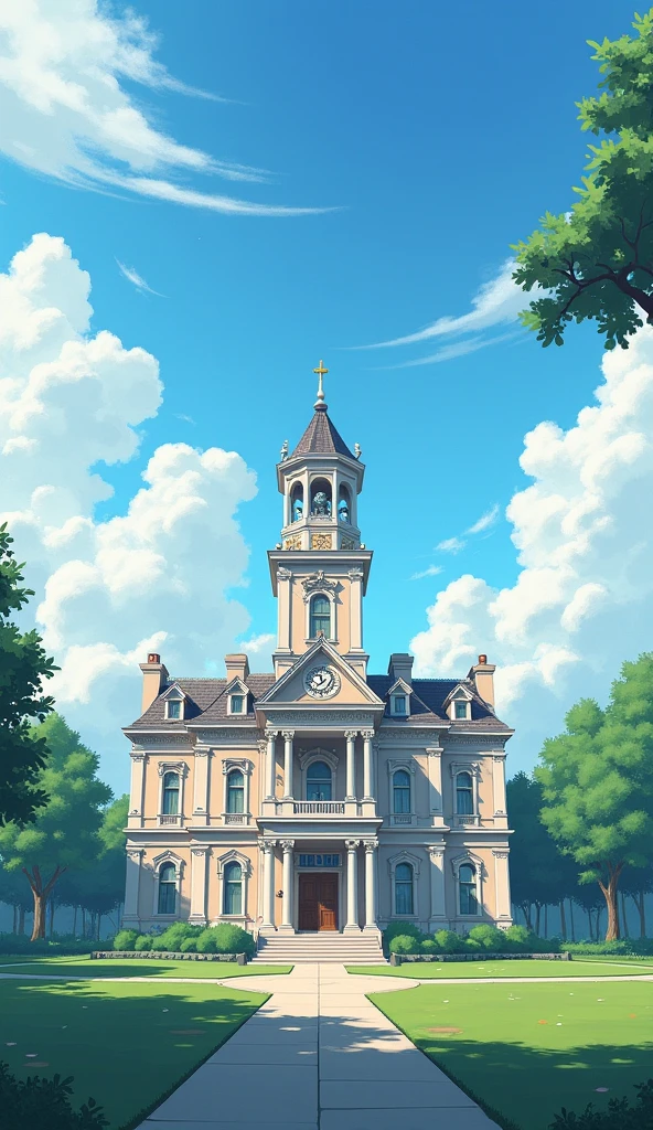 school building with a clear, cloudy sky as the background