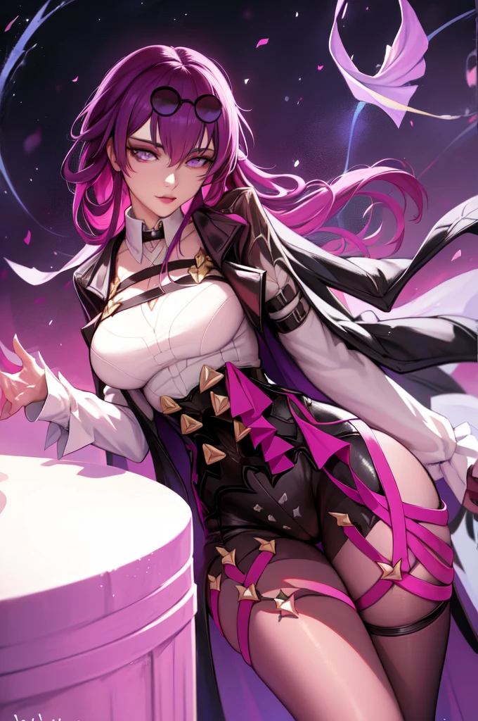 boy. thoughtful look. open forehead. black and purple hair tied in a bun on the left side to one side. sinuous black horns wrapped in dark purple ribbon. pale violet eyes. in short dark purple shorts. long white T-shirt. dark purple knee-high socks. dark_purple long coat with hood. древние dark_purple stone walls purple light from lamps on an old piano