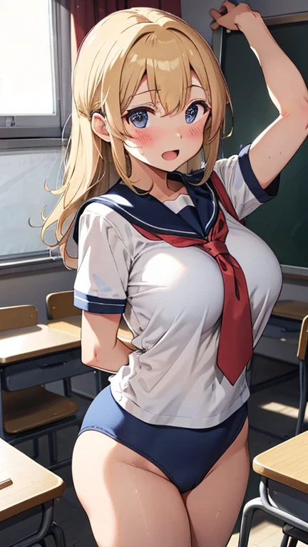 masterpiece, absurdres, best quality, ultra detailed, high Resolution, detailed illustration, bright colour, (extremely beautiful detailed face and eyes, Delicate beautiful face, 1 girl, cute face:1.3), (magenta eyes:1.1), sparkling eyes, big eyes, medium breasts, (perky breasts:1.1), (pointy breasts:1.1), medium hips, glamorous body, white skin, BREAK, long bob cut, (blonde hair:0.8), messy hair, detailed hair, shiny hair, BREAK (Sailor suit, no brassiere:1.3), perfect lighting, (embarrassed:1.3), (ecstasy, vulgarity:1.5), (trembling:0.8), classroom, paizuri,