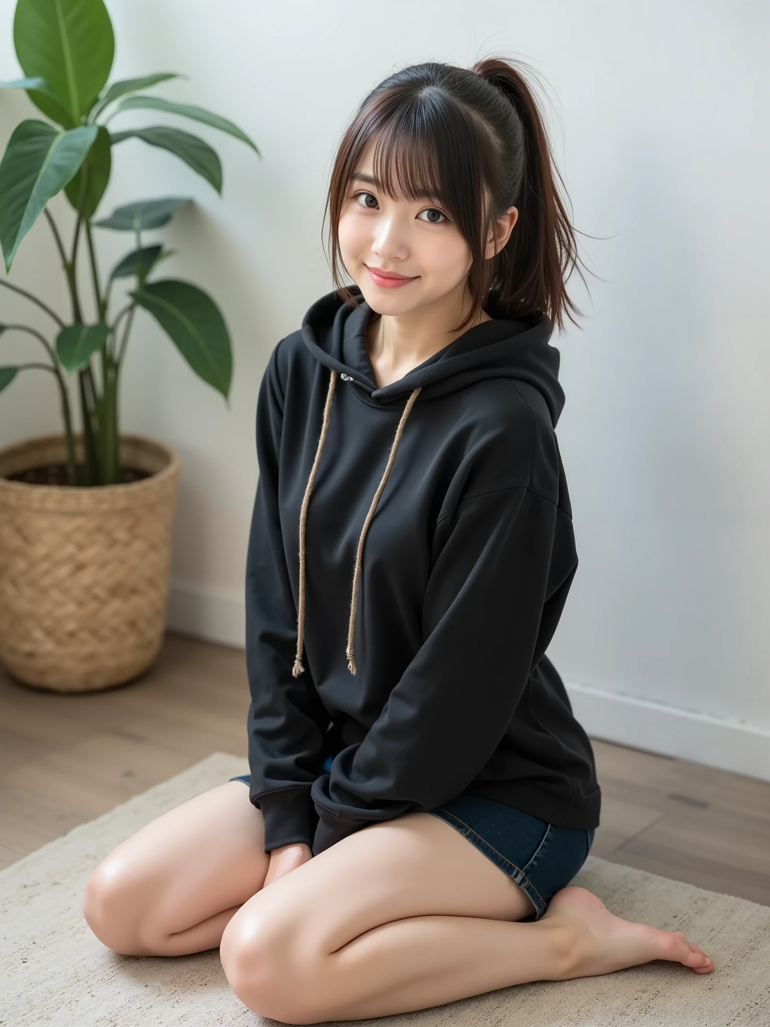 portrait photo ,masterpiece, nsfw,8k, full body shot ,
( 1 girl, Japanese Diminative Standard Petite Fresh Body ),((Head to body ratio 1 :5.5:1.2)), (Hip to shoulder ratio 1.2:1),( small breasts, narrow shoulder,Wide pelvis, tiny ass, short thighs 、Thick、Curvy ), Sensual Poses 、Sitting on the floor and opening legs 、 raise your arms, barefoot, focuses on thighs ,
( Japanese girl, 152_Height cm , Pale Skin)
black hair, (( Two-tone highlight hair , streak hair in honey brown )), short straight ponytail with bangs ,(Young Face, Round face, droopy eyes , hazel eyes, Affectionate ), wearing a long sleeve tight cotton hoodie , Sleeves are black ,Body color is brown ,Black denim mini skirt,85mm, Official AR RAW photos ,( exist, Ultra Detailed), best quality,Chromatic aberration anatomically accurate , Textured Skin