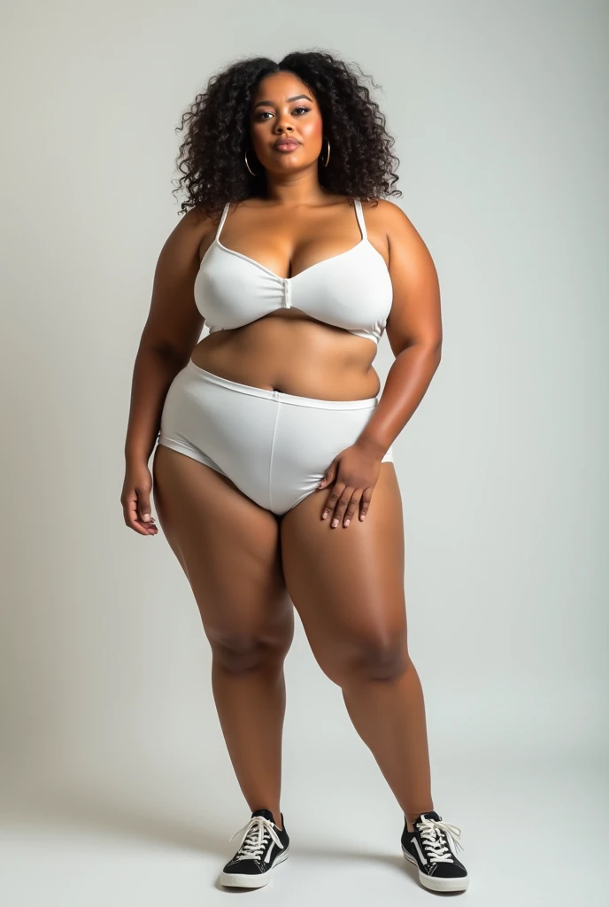 Ebony Woman , voloptuous body, Black skin, african short hair, wearing a white short top, no clothes bellow waist , thick legs, large hip, ((fullbody image)), standy fronte veiw, looking at camera, wearing higheels, 5 meters way to camera, showing boobs
