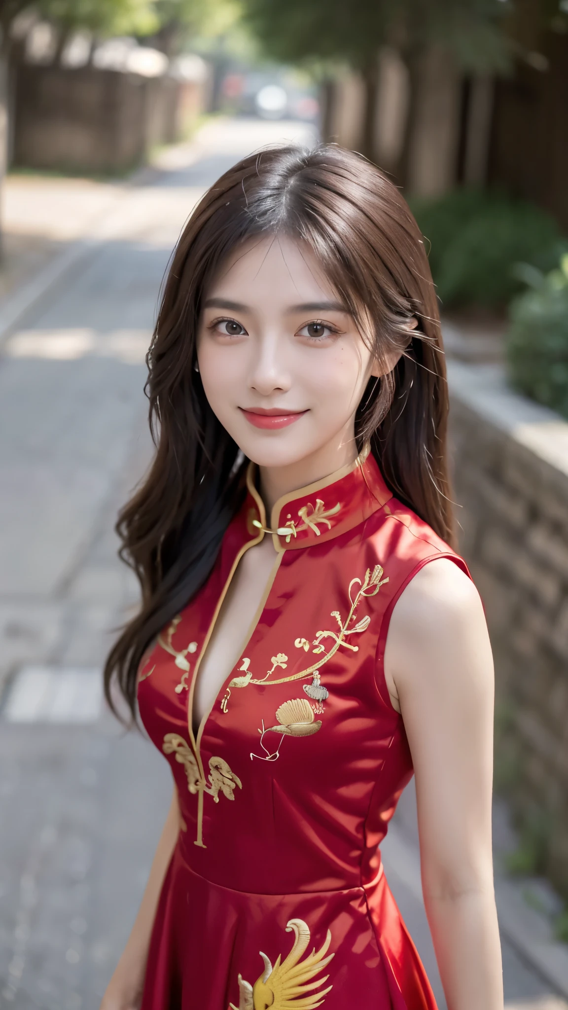 Arafed asian woman in a red dress posing for a picture - SeaArt AI