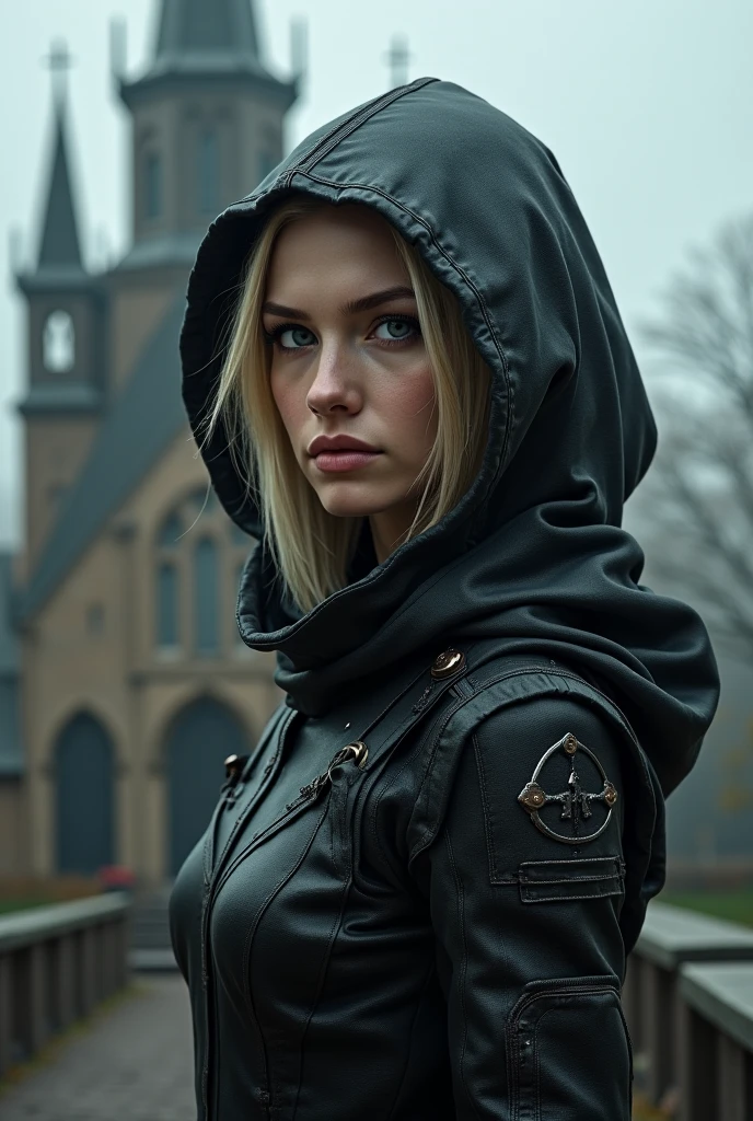 A DSLR photo of a young teenage girl assassin in training, pale porcelain white skin, petite, skinny, long flowing platinum white hair, black assassin armor, black bodysuit, at night, moonlight, red cloak, hidden blades, shadows, darkness, stalking, striking golden eyes, aura of darkness, <lora:FLUX - Add_More_details:1.0>, brooding dark fantasy, Sleek athletic build, narrow hips, narrow thighs, glamorous and impressive, squatting, against wall, <lora:FLUX - Model soogsx:1.0>