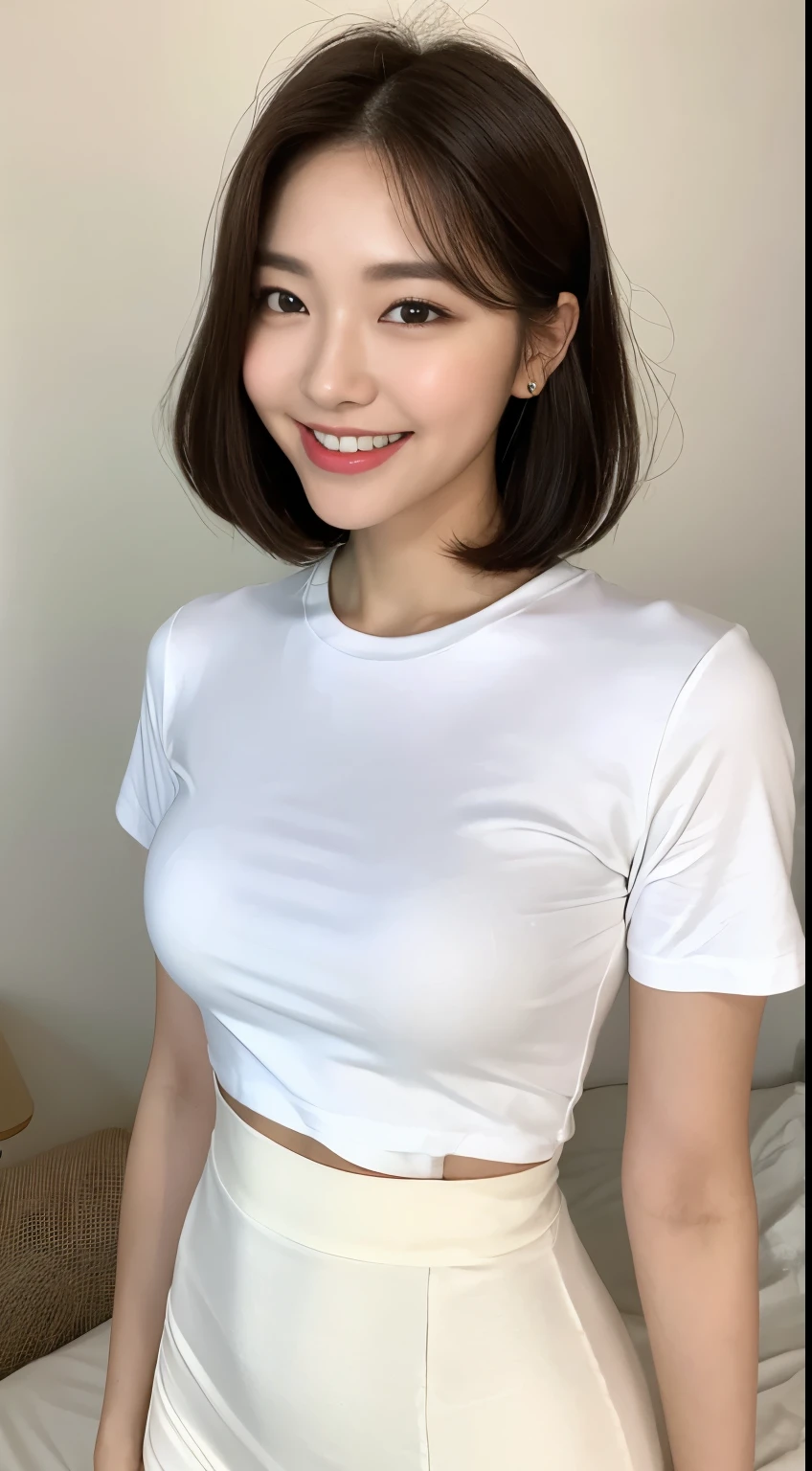 top-quality、masterpiece、超A high resolution、a picture、beautiful japanese female、 Elegance、There is a good、cute little、Raised corners of the mouth、A smile、Sauce order、Tanuki face、Gradient lighting、1girl in、Delicate skin、a necklace、wrist watch、A bracelet、SLR、Look here、Brown-eyed、short-cut、bangss、breasts are small、pureerosface、Mini length、Mock Neck Rib Knit Crop Top、Mocha brown color、shortsleeves、Perfect clothing for the body、want me、Bring your chest together、small tit、Staring at this、ty、s Office、In front of the elevator、Employee ID card hanging from the neck、Employee ID card around the neck、At work、Hold a file in your hand、subject、Lean、Look here、Laugh、Futomo、slightly chubby figure、big butts、look down from above、Kamimei、slightly sideways、Landscape angle、Straighten your back、