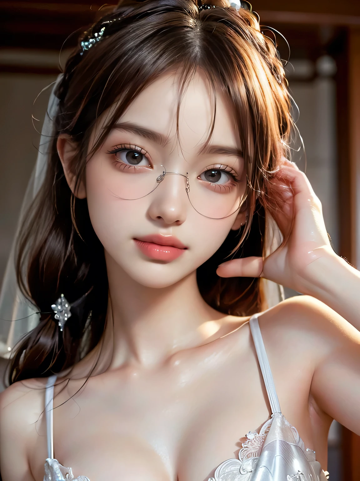 big breastm, Brown hair color, Ayes Red,Wear glasses,Hyper-Realistic, ultra-detail