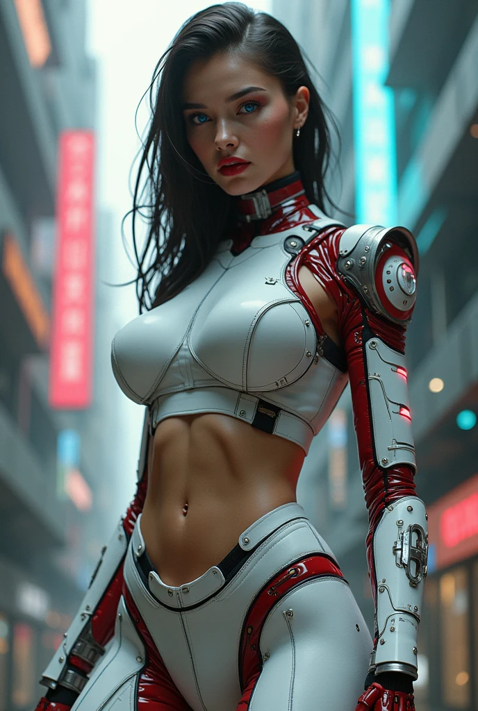 beautiful woman in a matte white cyber military uniform with red neon lights, with large armament, random environment