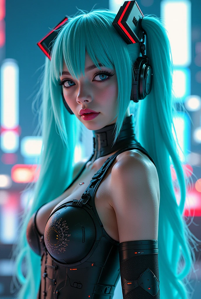 Create an AI-generated image of an anime fox girl smirking with medium breasts, long length green-teal hair in a ponytail with bright green eyes, naked, fluffy green tail, bokeh, night time, club setting, neon lights, wet skin, sparkly, she's wearing cyberpunk cat ear headphones that glow neon green,