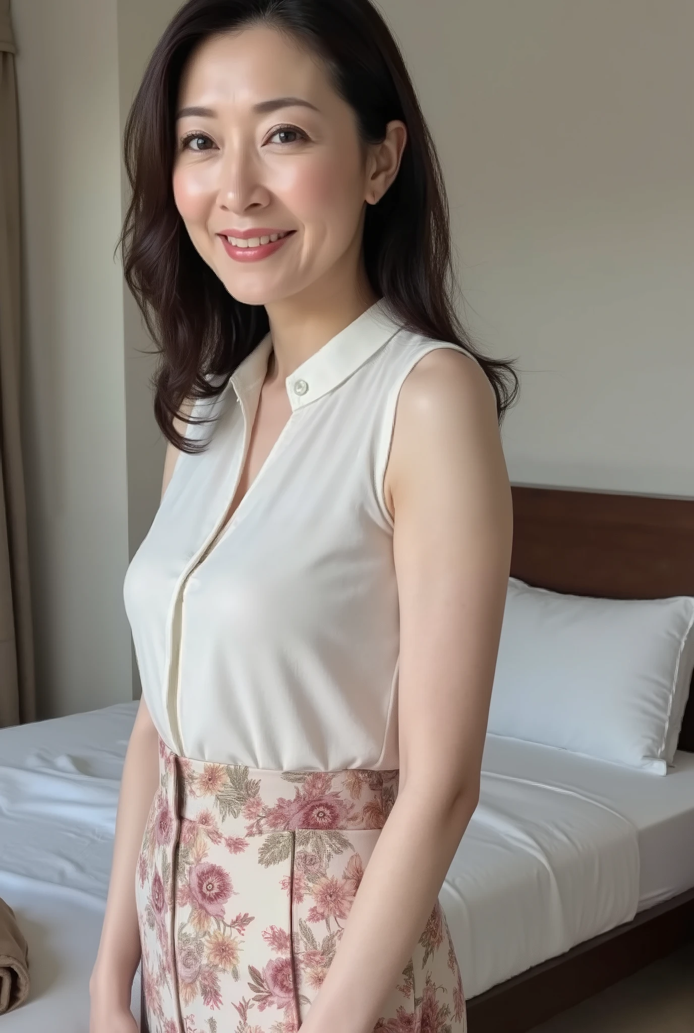 mature women、 Japanese 、48 years old (Mature Beauty: 1.5)、 kind, Enchanting Smiles 、( nasolabial fold :1.4)、 Natural Aging 、Warm Eyes 、( close up shot of upper body:1.3)、 Soft , Natural wrinkles 、 clean skin (1.4)、 sharp concentration 、 high definition 、 tall very detailed (1.4)、 Unmatched Beauty live venue with bedroom in the background 、(Eye Makeup:1.3)、 ( lipstick :1.2)、( eyeshadow)、( mascara)、((( J-Cup Big Breasts :1.3)))、 Serious Expression s at training camp 、 kind表情、 perfect feminine body line 、 beautiful posture standing gracefully 、 Realistic and realistic (1.4)、masterpiece、 top quality、 is richly written 、 physics-based rendering 、 charming atmosphere、((( stand collar blouse )))、(((point: Knee-to-head shooting )))、(( long printed pencil skirt to hide tight knees )) background: ベッドルームをbackgroundに。 pose :((( In the bedroom,、 plump 、45-year-old woman)))。((( Serious Expression 、 kind表情:1.3)))