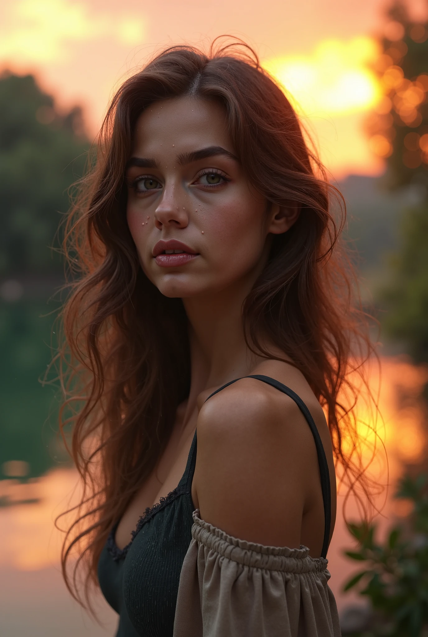 Portrait d'une rousse de 26 ans aux yeux verts, Frenchwoman, Chest close-up, cour, unbuttoned white blouse, pas de soutien gorge, petits seins, petite poitrine,  culotte dentelle, lying in the water of a river, vegetation, Ultra-detailed skin texture, sexuality, seduction, regard amoureux, Slight smile, coucher de soleil, cinematic rendering, 32K, facial sharpness