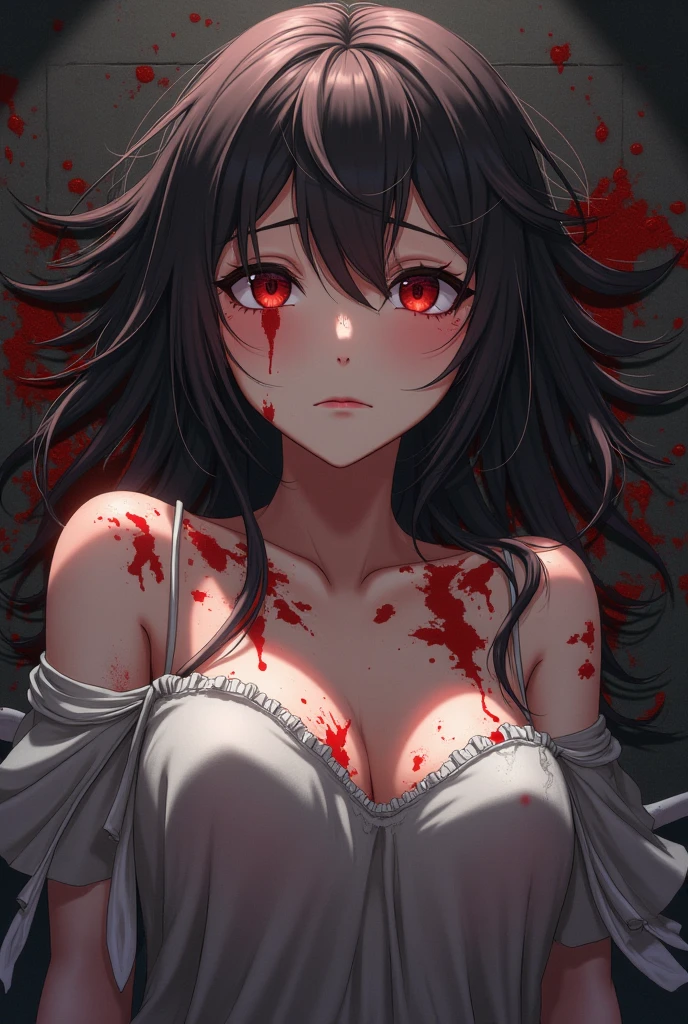 ((masterpiece, best quality, high resolution, UHD, pixel perfect, depth of field, 8k, RTX, HDR)), BREAK, 1girl, single, alone, beautiful anime girl, beautiful art style, anime character,
((style of Akame Ga Kill!)),((long hair, black hair)), (purple:1.4, round eyes, beautiful eyelashes, realistic eyes), big chest 1.5, with cleavage, black bra, blushing, face and arms with stains of dirt and dust,
BREAK, wears a red band on her head, with a torn Busdist priestess kimono, clothes in tatters and with blood stains BREAK, lying on the ground with a broken katana and covered in blood, with cloudy sky and lightning from the sky, surrounded by rubble and fire flames around.