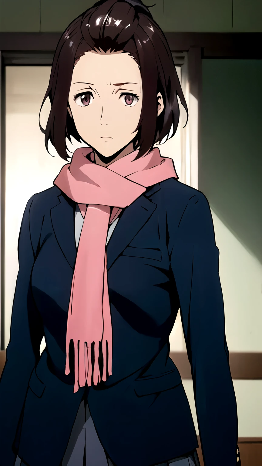 ((masterpiece,best quality)), {DATE_artstyle_LoRA : Manga_Style} {horror_edit : creepy_room_aura} {partially_monochrome} { (Satomi Murano, hair bulled back, forehead , short hair, brown eyes, perfectly_shape_breast : perfectly_slender_body : } { skirt, school uniform, jacket, blazer, winter uniform, otonokizaka school uniform, pink scarf } { } {standing_still} { no_emotion : hypnotic_eyes : hypnotized_eyes } { sweating } { } : dark : creepy otaku room : messy }