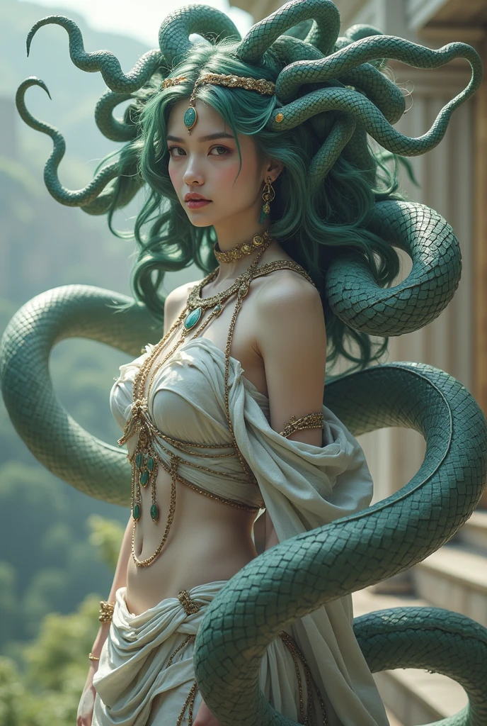 Absurd, ultra-detailed, high quality, detailed face, beautiful eyes, Medusa, the hair is composed of countless small snakes, the Gorgon, possesses a complex mix of beauty and terror, mesmerizing gaze,