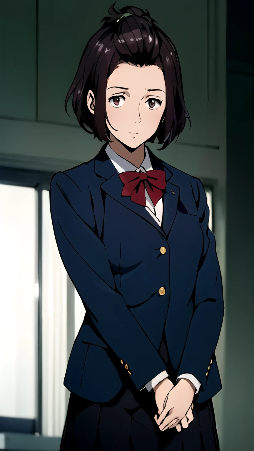((masterpiece,best quality)), {DATE_artstyle_LoRA : Manga_Style} {horror_edit : creepy_room_aura} {} { (Satomi Murano, hair bulled back, forehead , short hair, brown eyes, perfectly_shape_breast : perfectly_slender_body : } { skirt, school uniform, jacket, blazer, winter uniform, otonokizaka school uniform } { } {standing_still} { no_emotion : hypnotic_eyes : hypnotized_eyes : hands_behind_head } { sweating } { } : dark room : }
