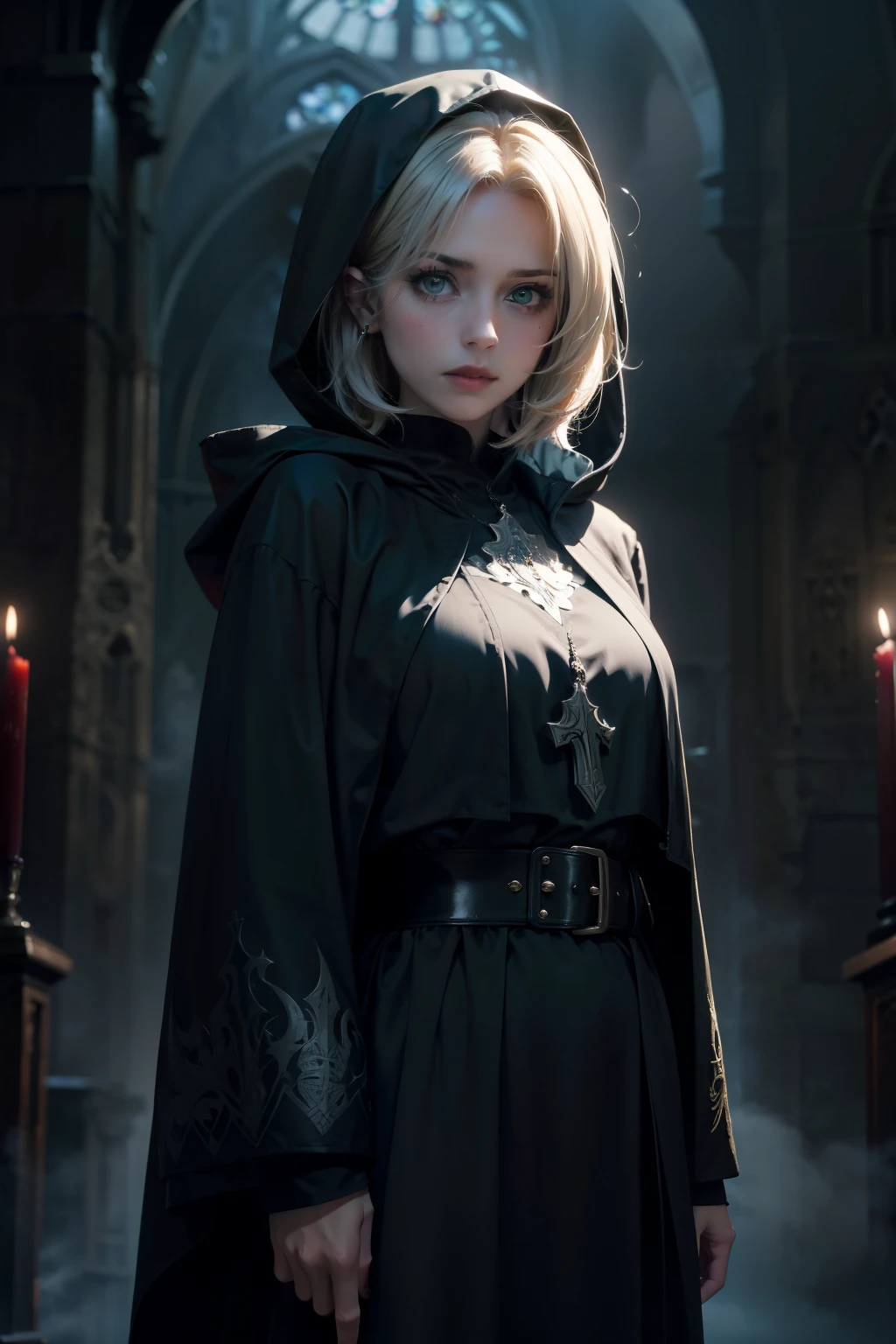 Female heresy interrogator. She is wearing a hood but her face is showing . Her short blond hair is slightly visible under the hood, Sharp green eyes are characteristic . Silver embroidery is engraved on the black robe . observing her surroundings with sharp eyes . The background is a dark and foggy gothic church in front of a dark and foggy gothic style , Overall dark color tone