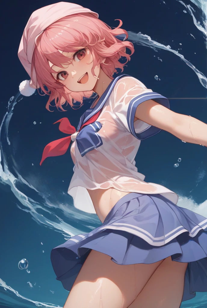 Highest quality, masterpiece, High resolution, 1 Girl, (Kantai Collection)(Spring Rain Kantai Collection:1.15), Brown Hair, Red eyes, smile, Slender body, Full body portrait,Pink Hair, Side Ponytail, Classroom Background, Slender body, Full body portrait, Classroom Background, Slender body, Full body portrait, , (Light blue panties), (good), Squat, ((In underwear)), Flat Chest, Small breasts