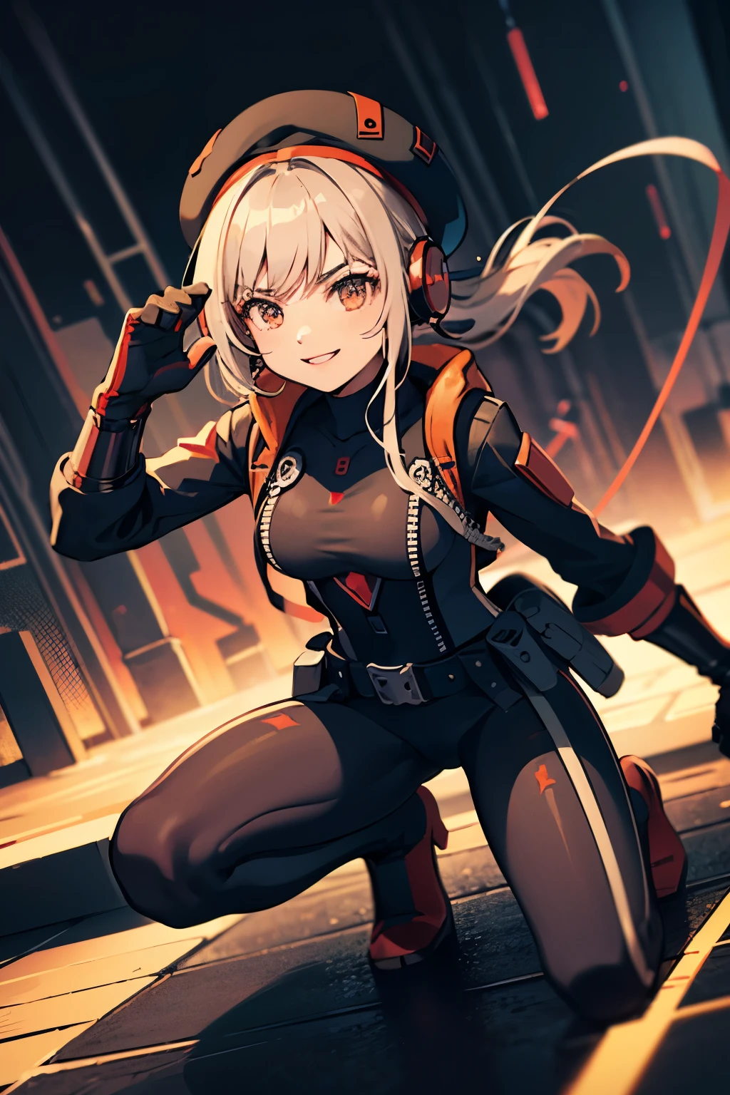 (Complete body, Rapi, best quality) score_9, score_8_up, score_7_up, source _anime BREAK 1girl, solo, beret, headphones, long, serious, smile, red and black bodysuit, long red gloves, long red boots, belt, punch pose, ciber sky, cybernetic space, Ruins, science fiction.