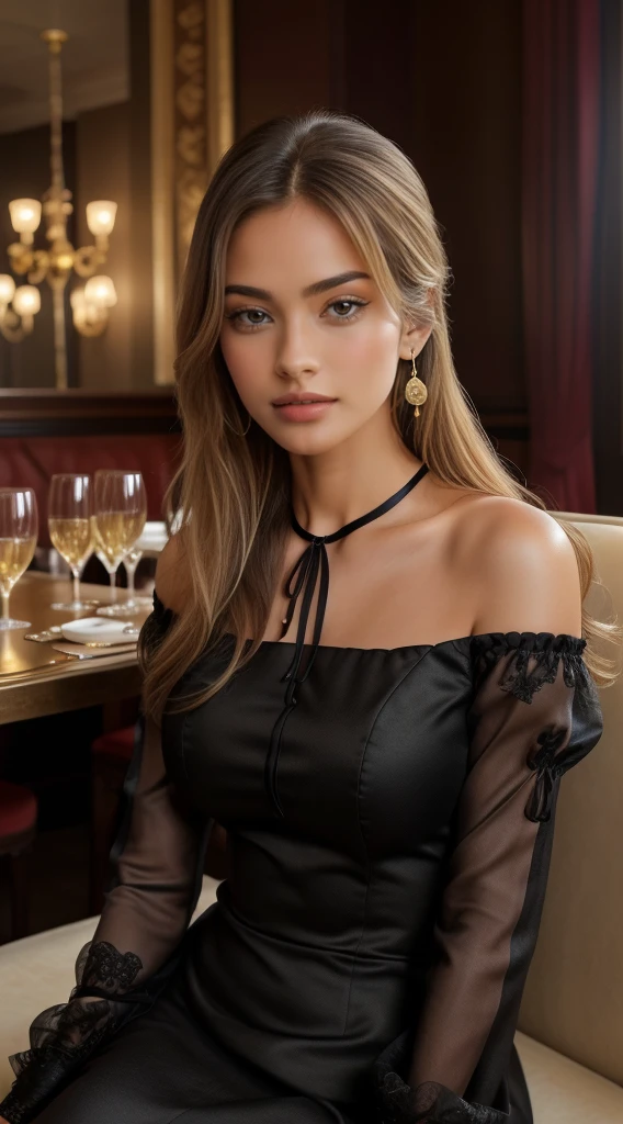 1girl in, age19, Solo, Long hair, Colossal tits, blondehair, Brown eyes, jewely, Full body, dinner gown, holding a glass of wine, a necklace, off shoulders, Realistic, A sexy

