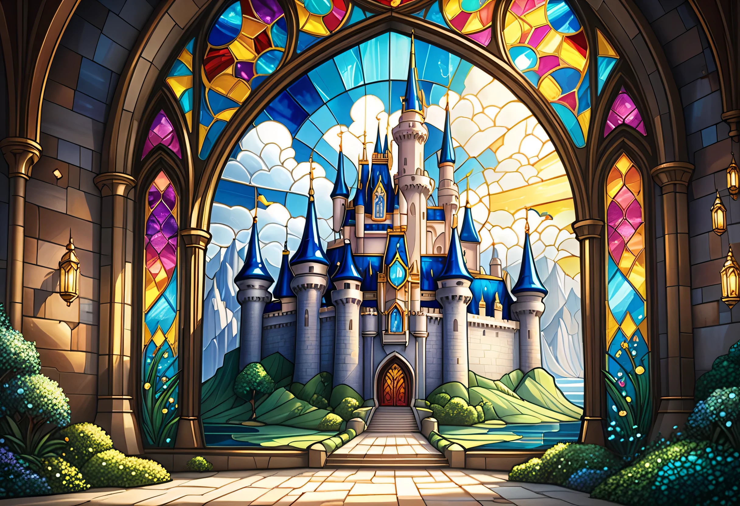 Glass Feeling 、 Flat Stained Glass Castle , No Background Castle Closeup 、 Disney Concept Art, Stained Glass Art , Magic Castle, Kingdom of Light Background, Cathedral background, Complex Stained Glass , palace background , Disney Art style, Disney Art , Detailed painting 4k, 8k high quality detailed art , , Castle Background, Sparkling Stained Glass Background