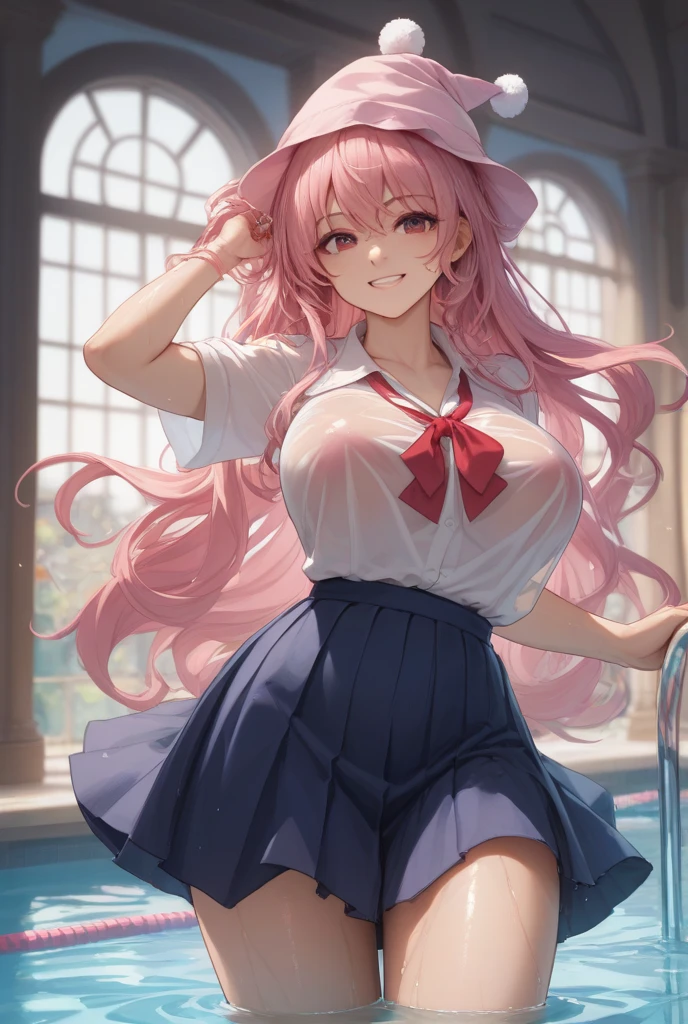 1 girl in、Cute Beautiful Girl、((Schoolgirl Uniform))、((summer clothing))、The blouse is unbuttoned、White blouses、shortsleeves、lightly dressed、Thin fabric clothes、Navy blue micro mini skirt、(((show off cleavage)))、((Colossal tits))、seductiv、Little Goddess、Young Face、detailed thigh、top-quality、photos realistic、(15 year old)、(sitting on)、lightsmile、A pink-haired