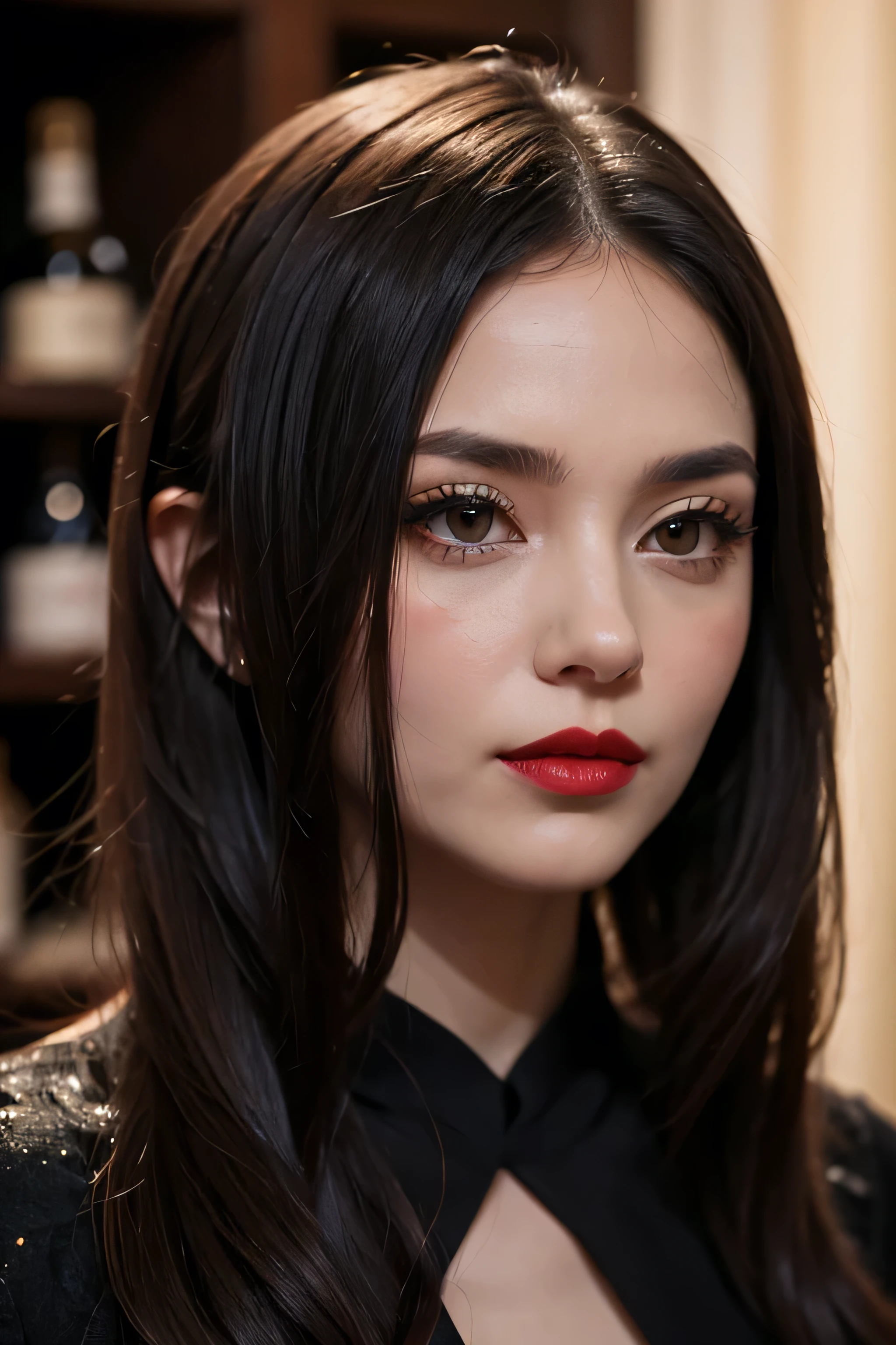 Elegant woman, with a mysterious look, refined cheeks and red lips. Long, straight black hair. She is very well dressed, with elegant, fairly covered-up clothes, in wine red and black, and is very discreet.
