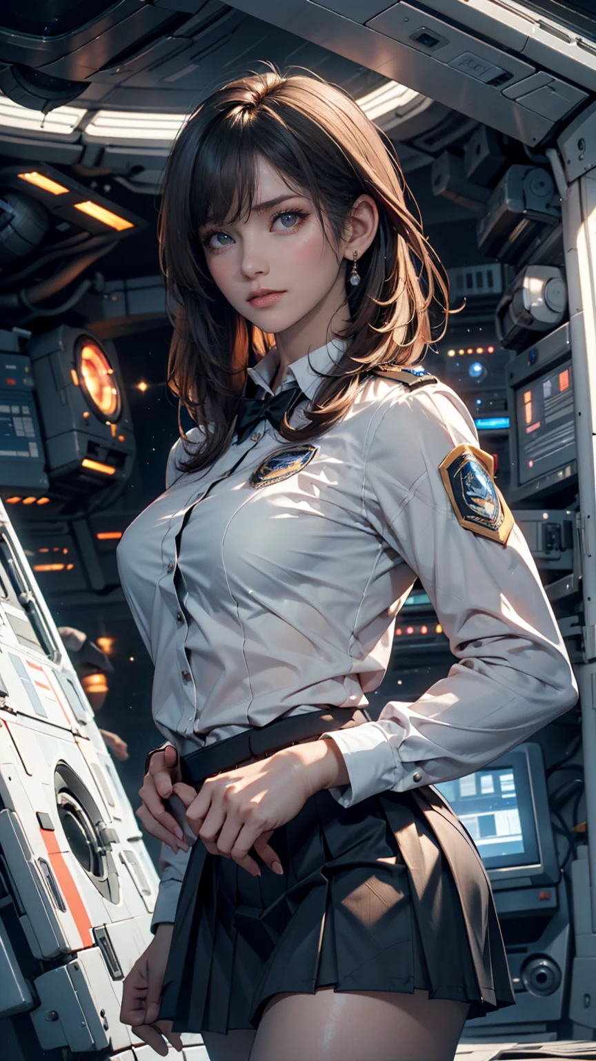 realistic,polite dress,(Fighter Action War Movie Poster),(Foundation Film Reference: 1.8),realistic,Air Force general uniform,(realistic face resolution),movie pose,adult,skinny,big,A long-haired dark blonde woman,serious face,SF,SF,Various support characters