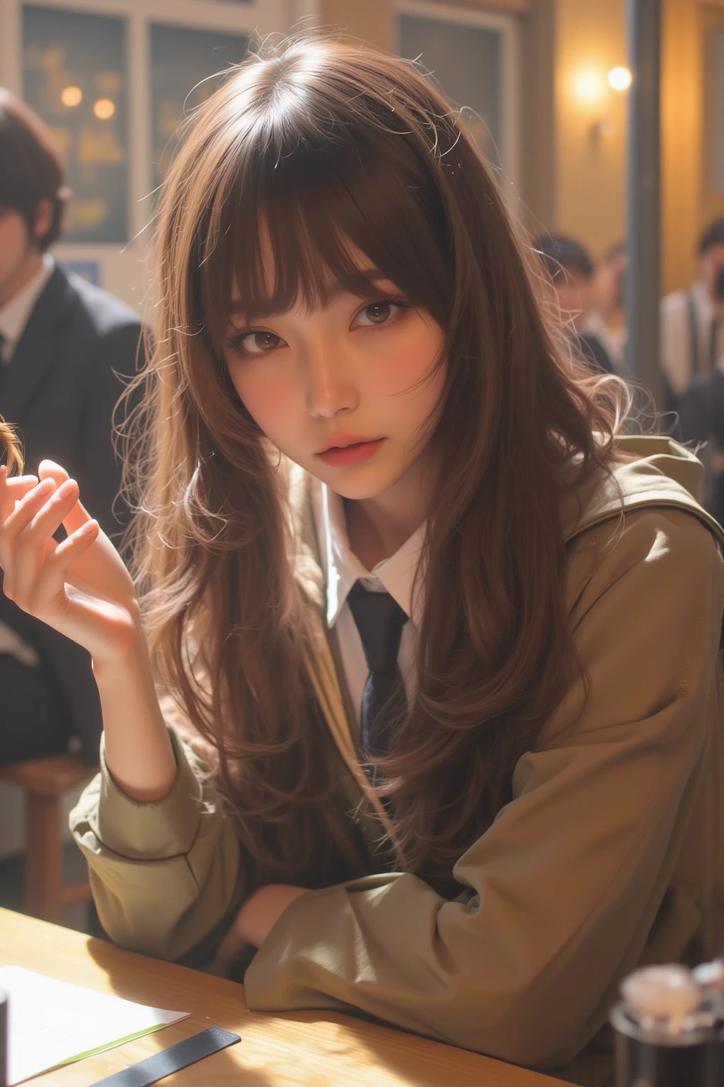 (masterpiece, best_quality:1.2), 1girl, alone, cute, giant_chest:1.4, school_girl_costume:1.5, detailed snow, detailed lips , Long Lash , beautiful, , calm expression , 복잡한 디테일 , photo realistic, studio light , Vivid colors, realistic, warm lights, Cinematic, detailed background , class_room:1.3