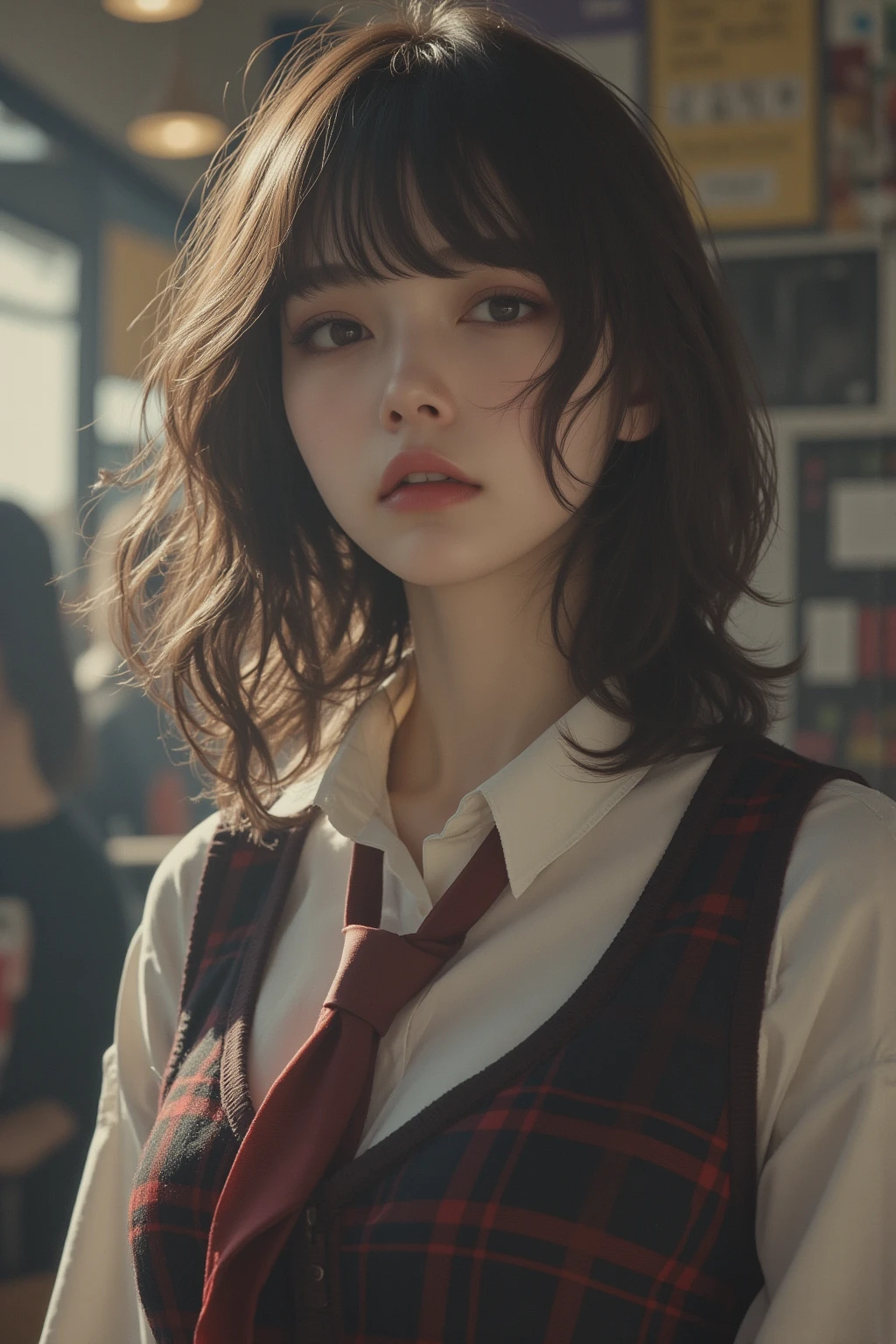(masterpiece, best_quality:1.2), 1girl, alone, cute, giant_chest:1.4, school_girl_costume:1.5, detailed snow, detailed lips , Long Lash , beautiful, , calm expression , 복잡한 디테일 , photo realistic, studio light , Vivid colors, realistic, warm lights, Cinematic, detailed background , class_room:1.3