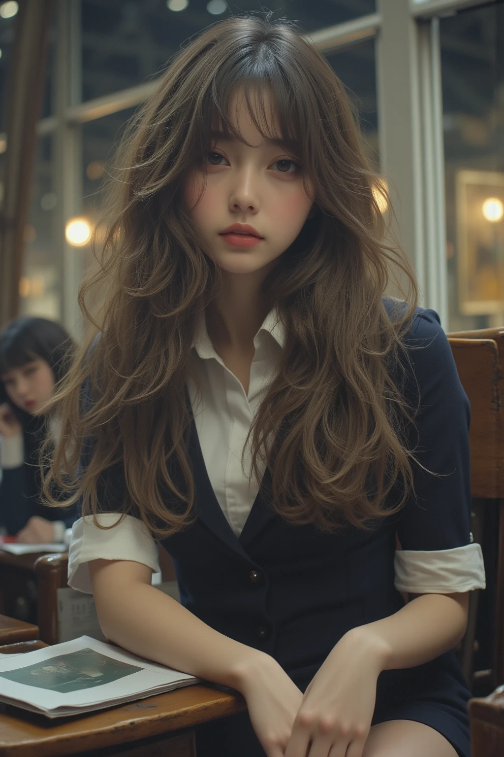 (masterpiece, best_quality:1.2), 1girl, alone, cute, giant_chest:1.4, school_girl_costume:1.5, detailed snow, detailed lips , Long Lash , beautiful, , calm expression , 복잡한 디테일 , photo realistic, studio light , Vivid colors, realistic, warm lights, Cinematic, detailed background , class_room:1.3