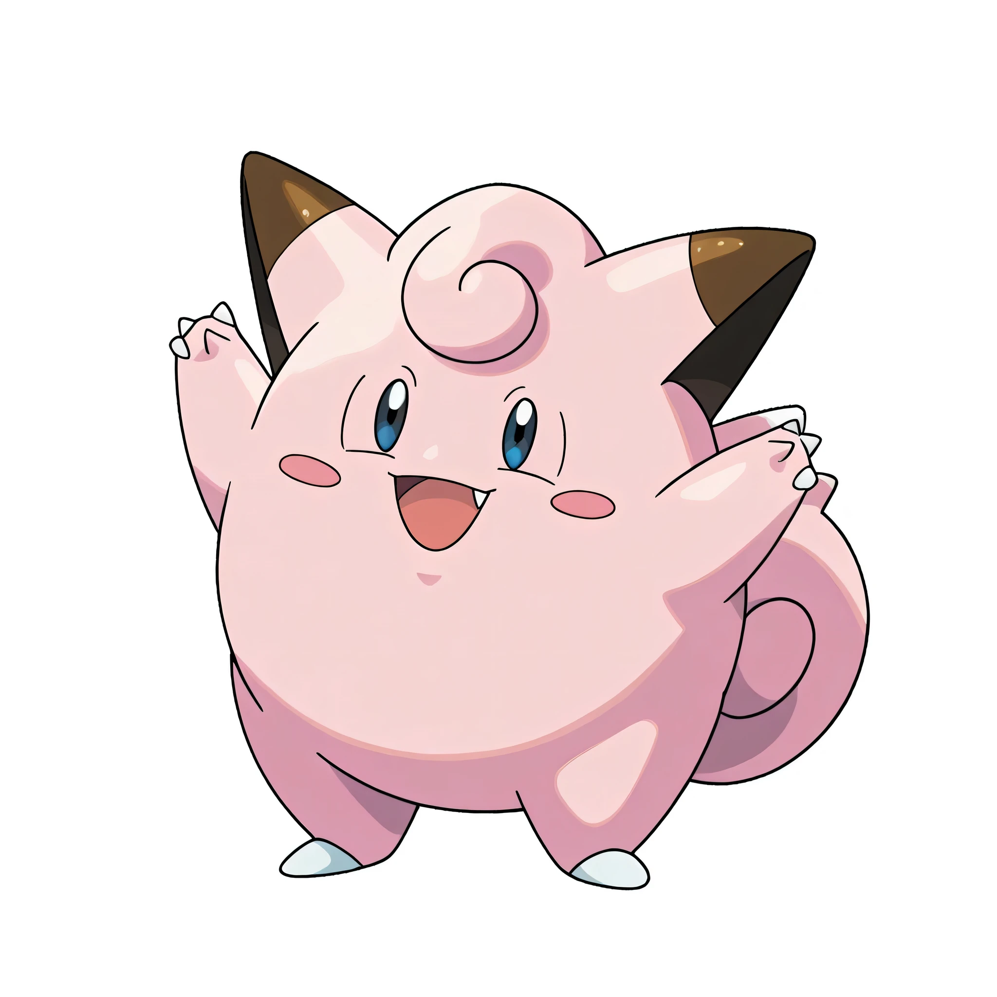 score_5, score_6, score_7, score_9, score_8_ up, source_Anime, Pokemon , official style, Retro, break , clefairy , Pokemon \(Living things\), not human, Alone, full body, Cheek Stickers , mouth, standing, smile, BLACK EYES, nail, tooth, happy, animal focus , look at the viewers, :d, Tail , arms up, pink skin , blue eyes, White Background , straight on, arm up,