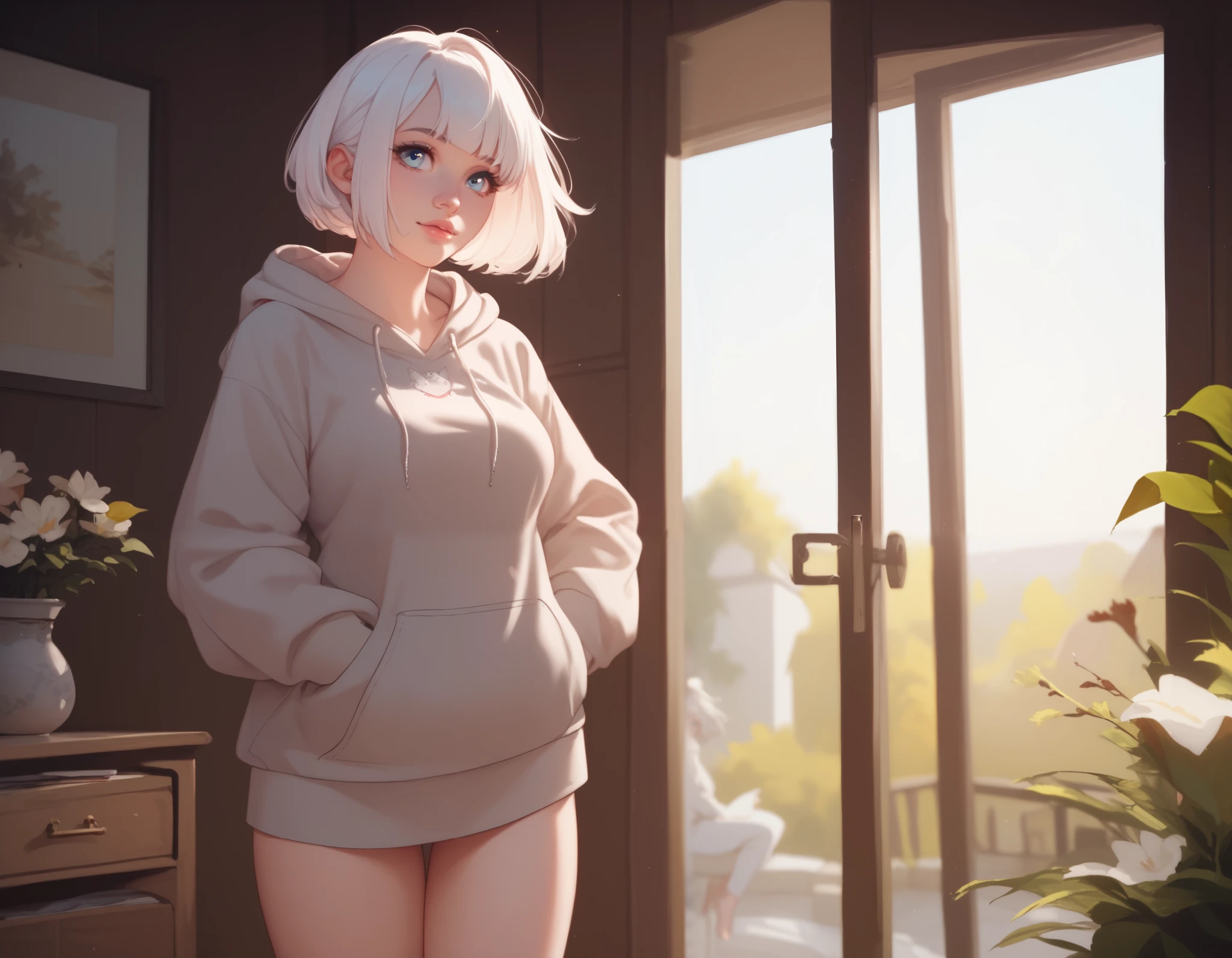 Cute 20 something year old girl, white hair, bob haircut, pastel blue eyes, slightly pointed nose proportional to her face, soft naturally pink lips, medium breasts, wearing a light brown hoodie, perfect hands, perfect legs, bare legs, inside a lodge, standing in the sun, lifting hoodie