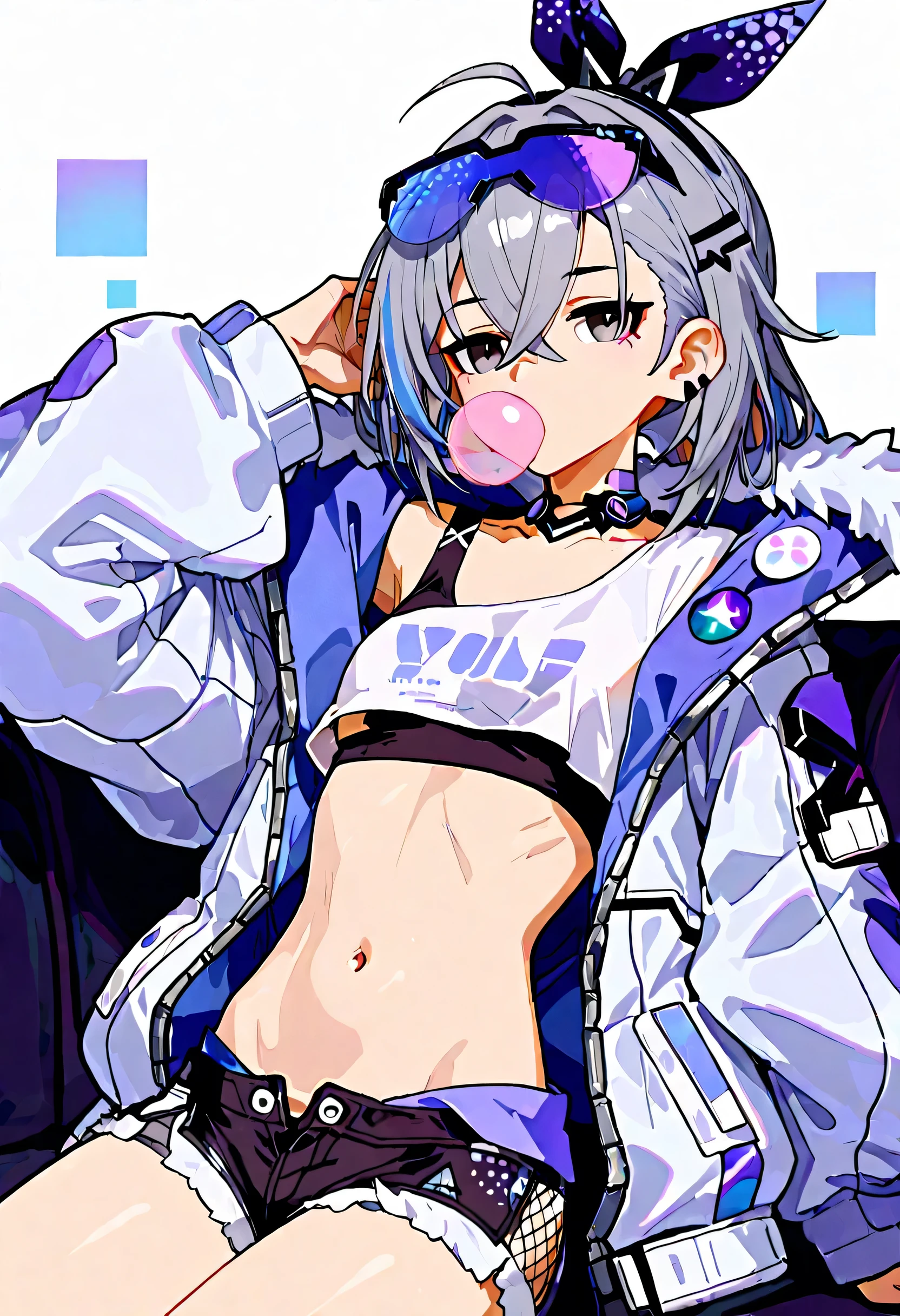Best quality, top quality, , Cyberpunk clothes, flat chest, skinny body, medium hair, belly button out, hairclip, hairband hair bow, daisy duke shorts, frill crop top, oversized fleece jacket, round eyewear, purple sunglasses, eyewear on head, ahoge, hand in own hair, Silver Wolf, honkai star rail, Bubble Gum