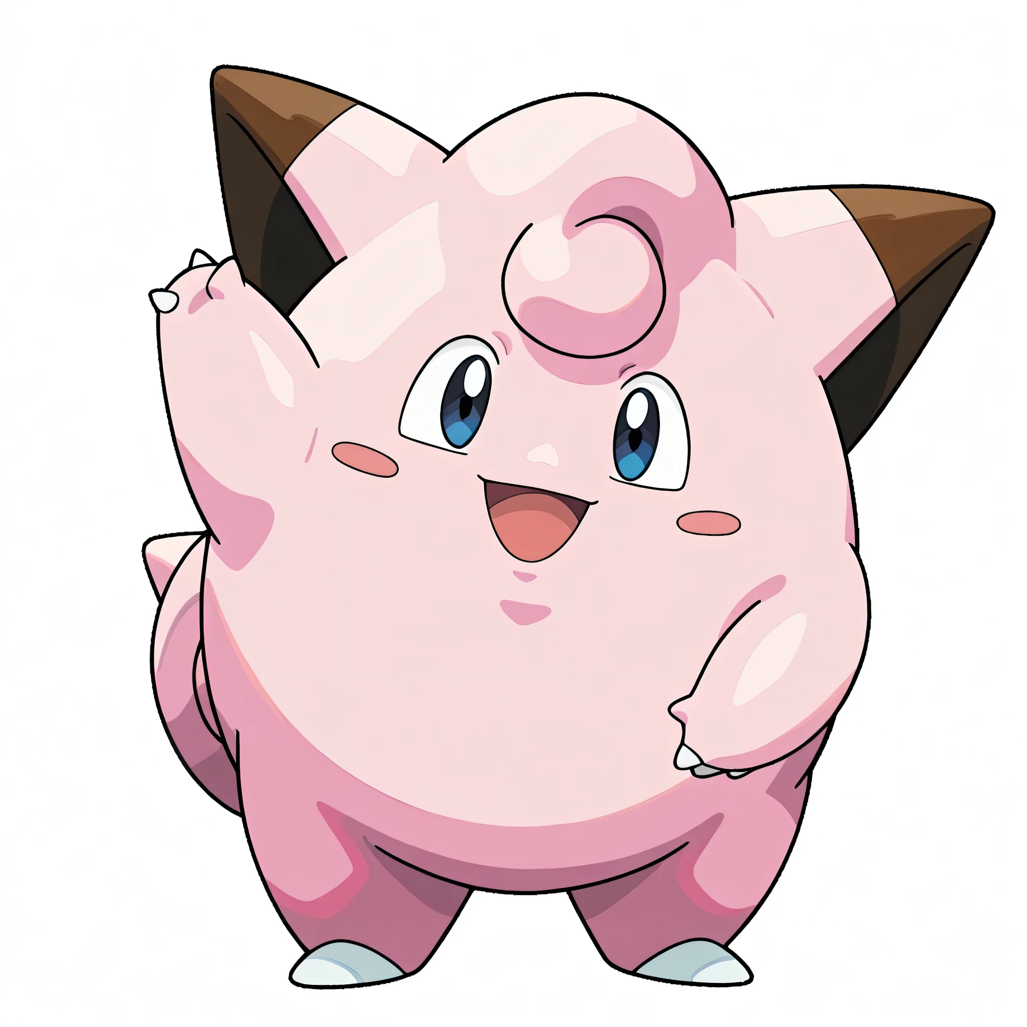 score_5, score_6, score_7, score_9, score_8_ up, source_Anime, Pokemon , official style, Retro, break , clefairy , Pokemon \(Living things\), not human, Alone, full body, Cheek Stickers , mouth, standing, smile, BLACK EYES, nail, tooth, happy, animal focus , look at the viewers, :d, Tail , arms up, pink skin , blue eyes, White Background , straight on, arm up,