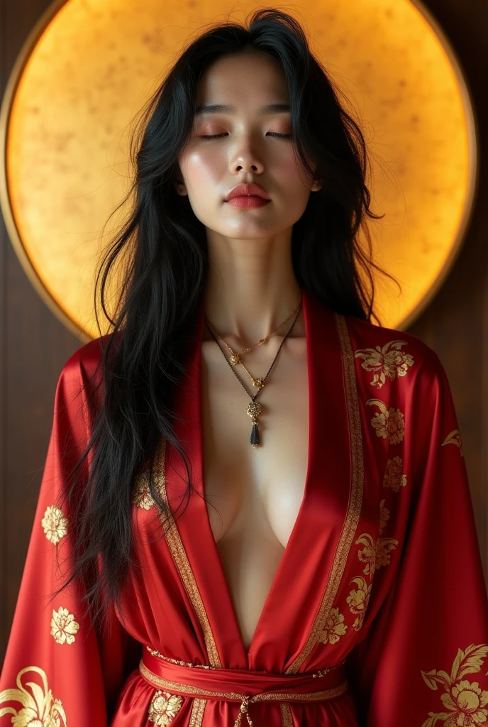 Young Chinese princess, o, long dark hair, lasio and bangs, standing in a doorway with an open silk robe, black color , ?????????????? athletic and flat belly, without ?????????, seductive look,  goddess body, , palace bedroom, 8K photo quality, Realistic details, ultra definition. 