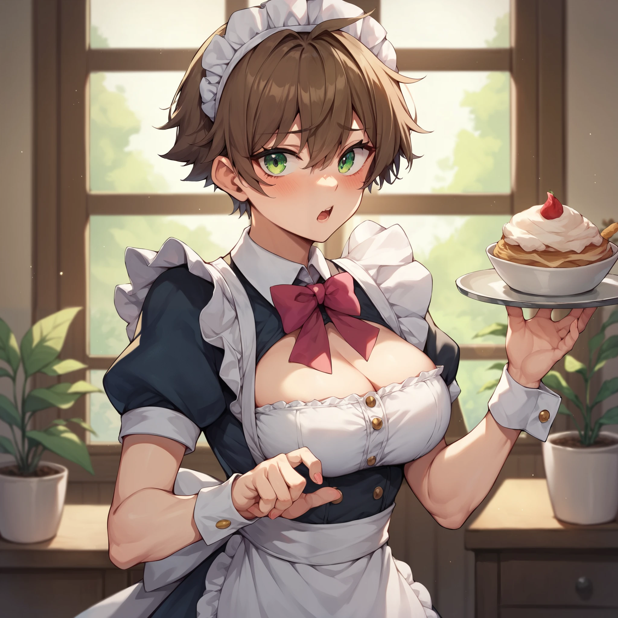 an athletic and very tall tomboy with brown hair and green eyes. she is wearing a maid outfit. she looks shocked and blushing. she is at a maid cafe. she is looking at you.