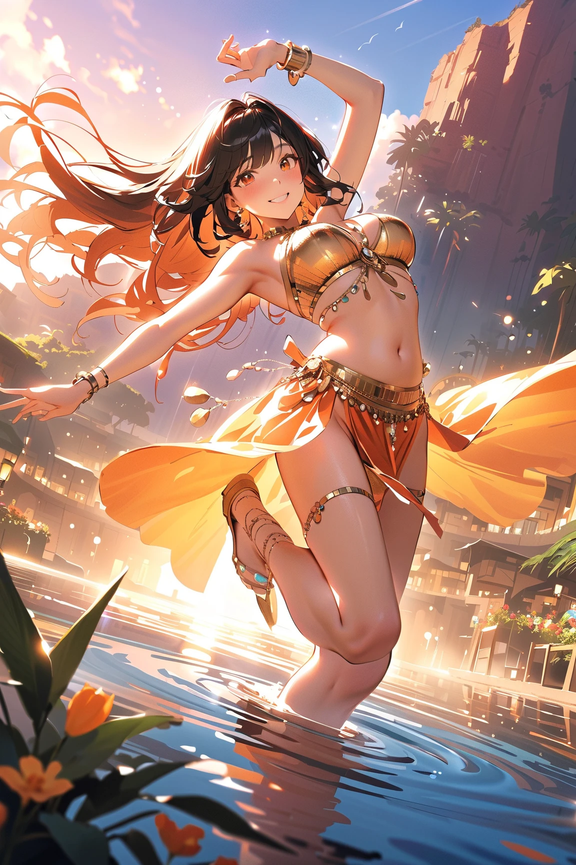 A magnificent illustration of a female Creopath woman of the Pharaoh DJ on an elevated stage, surrounded by a multitude of fellow beings. Her short, stylish outfits, combined with the DJ headphones and revealing cleavage, create an exciting electronic atmosphere as she plays tunes for her fellow species.