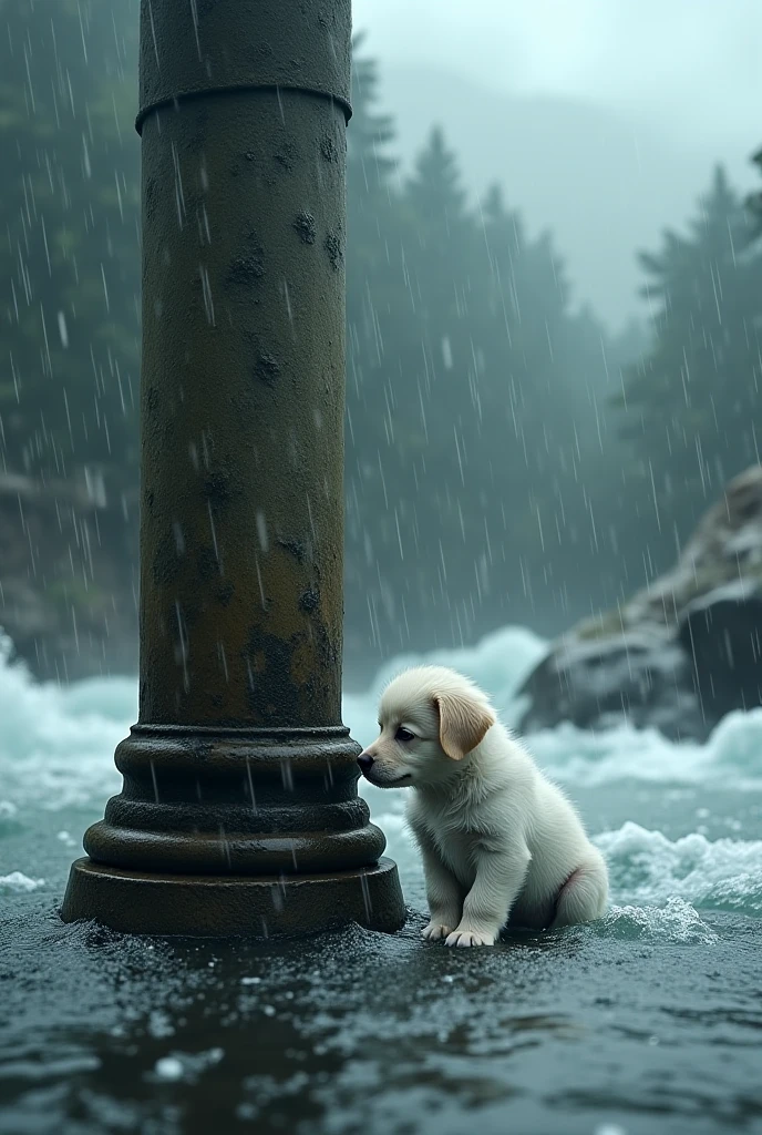 a white baby dog is standing beside a big pillar inside a river, weaping,it's raining,water is flowing