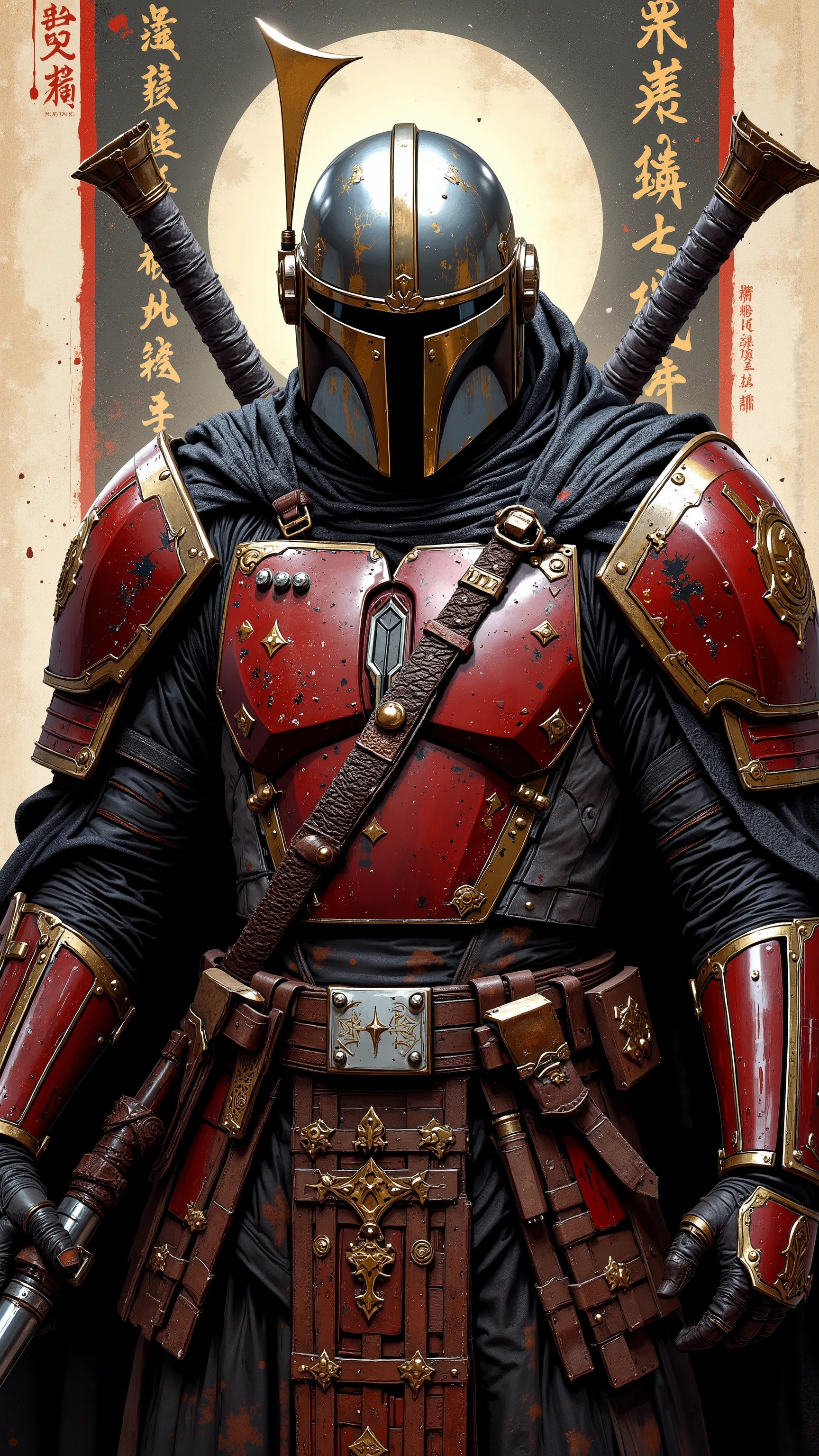 8k, masterpiece, highest quality, Star Wars, Samurai Mandalorian, intricate armor, red and gold details, katana sword, ornate chest plate, Japanese calligraphy background, action pose, detailed costume, high contrast, dramatic shadows