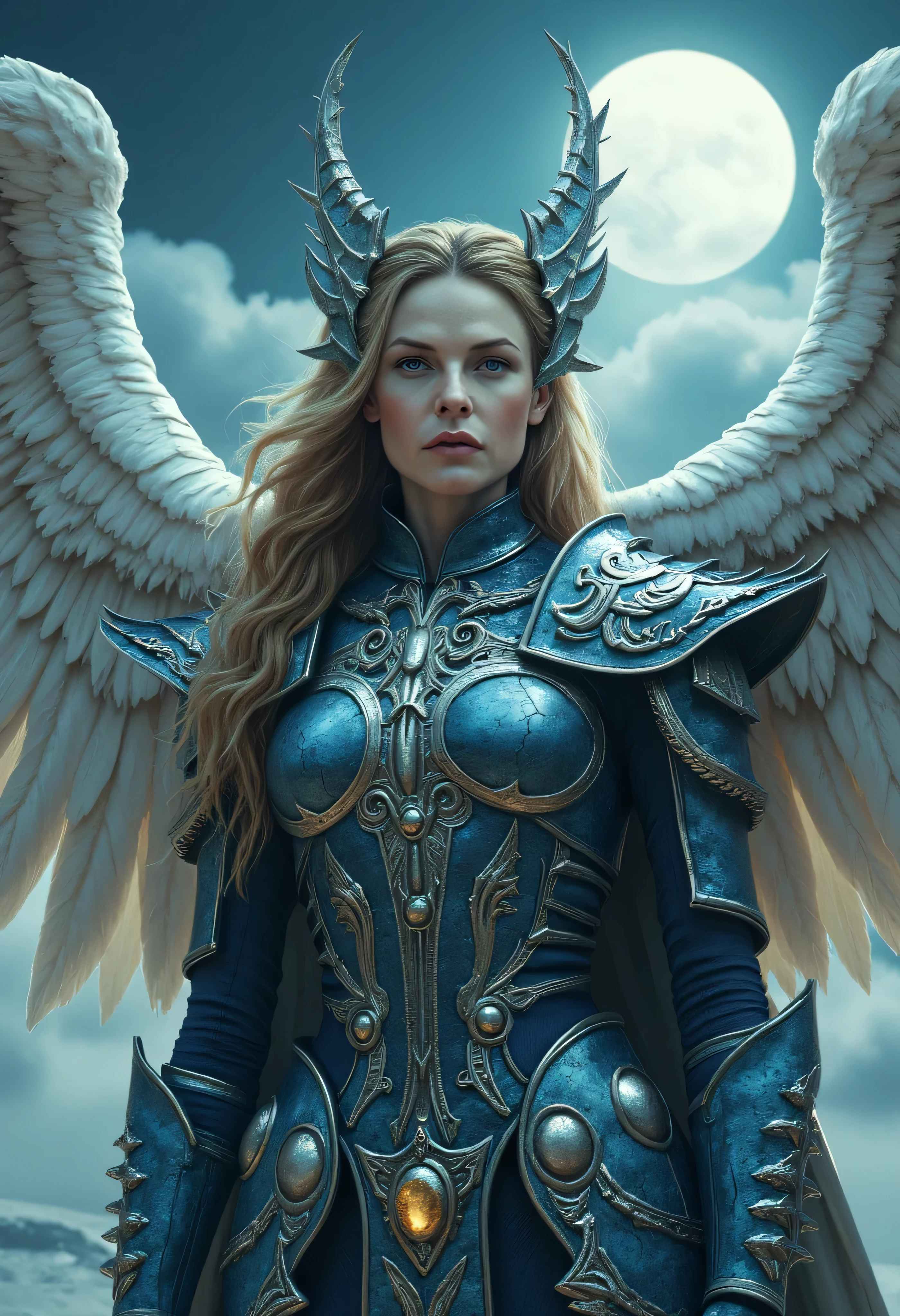professional portrait of Rebecca Ferguson as Dame Aylin, majestic female warrior angel, ornate silver and blue armor, intricate celestial engravings, armor is detailed with patterns resembling moon phases and constellations, magical light glowing faintly, long flowing blonde hair, beautifully crafted helmet, wing-like protrusions, cracked body skin, white feathered expansive radiant wings, serene celestial sky, glowing full moon, ethereal presence, intense action movie scene, bold focused expression, subtle grain, cinematic quality, fine art photography, film still, movie scene, w4rh4mm3r style oil painting