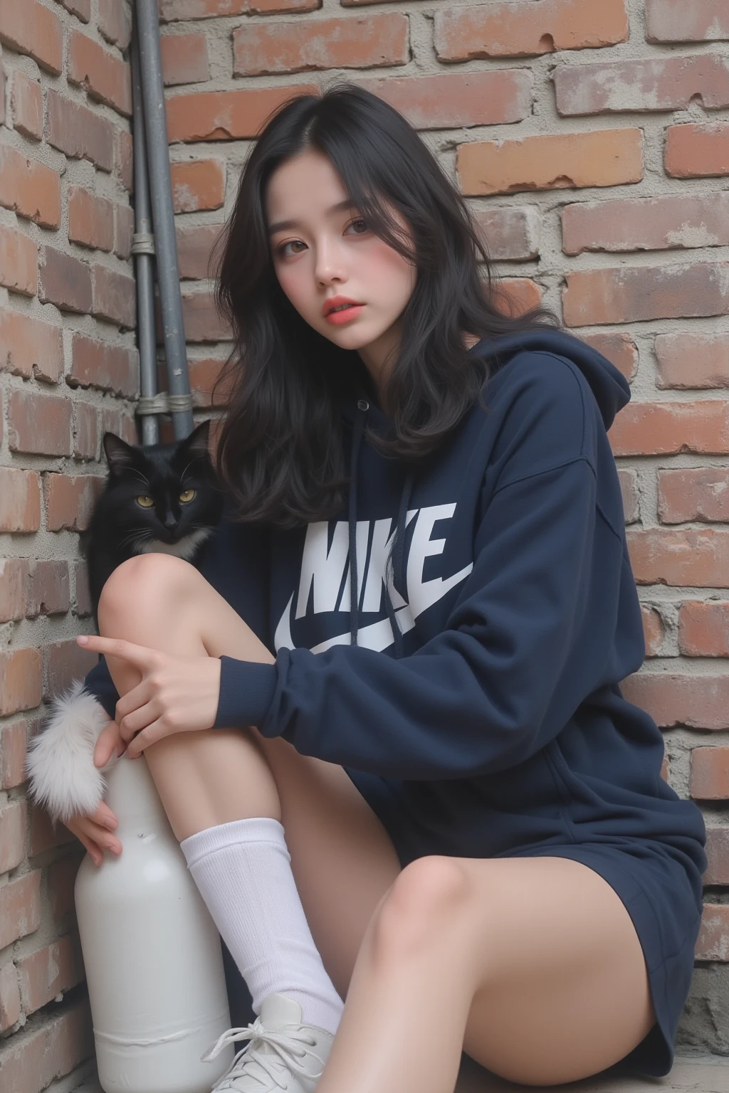Create a detailed description of a scene where a person is feeding a stray cat by the side of the road. The person is wearing headphones, a grey sweatshirt, and a pleated skirt. They are kneeling down near a white car and a flight of stairs in an urban setting.

The person in the scene has long, straight, black hair that cascades down their back. The hair contrasts against the light-colored headphones they are wearing.